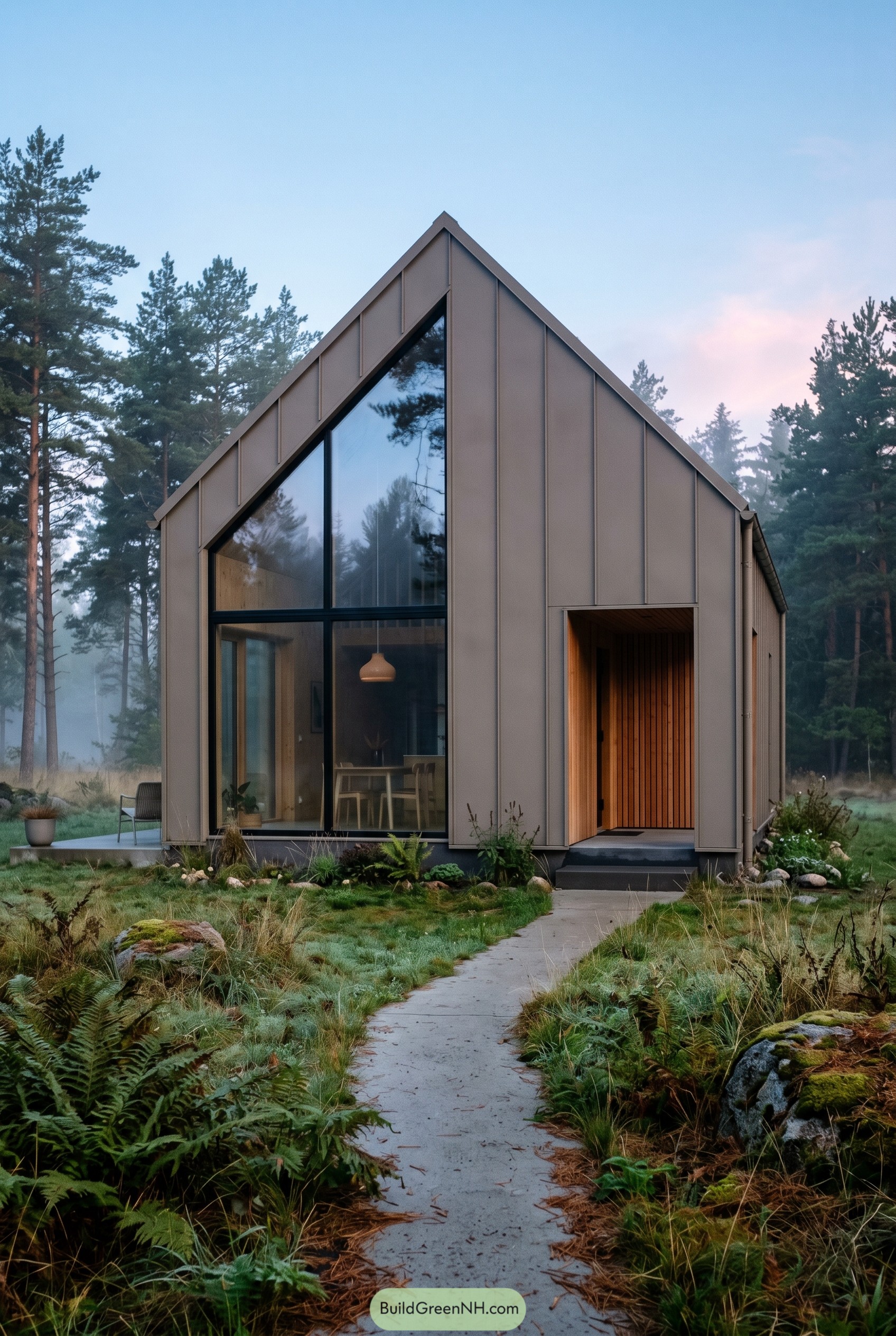 Taupe modern gabled house with tall front glazing
