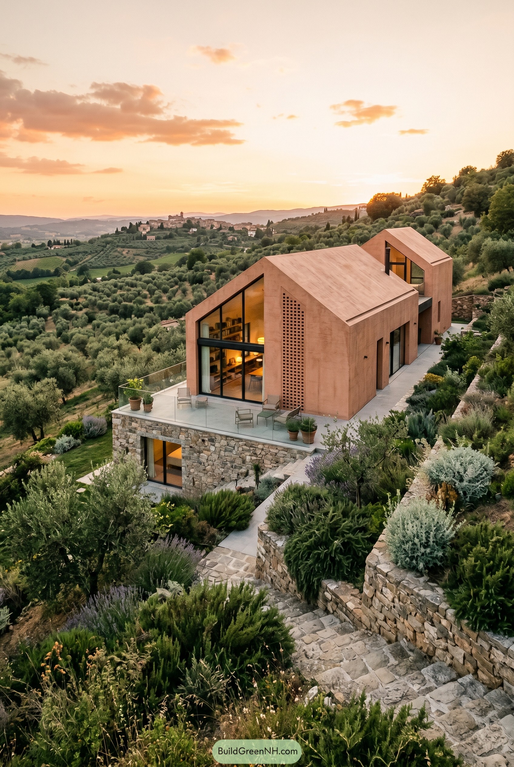Terracotta twin volume home on olive hillside