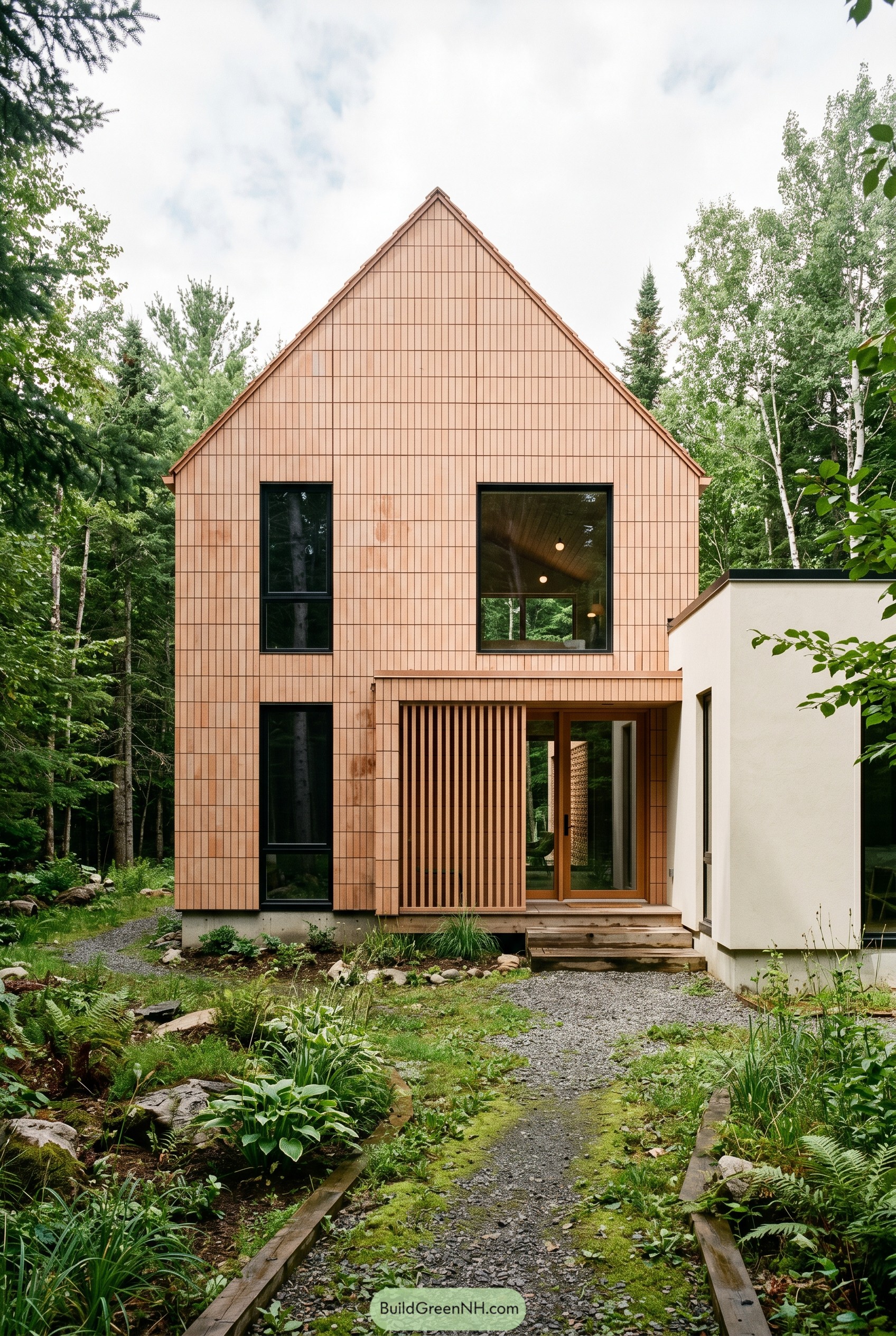 Terracotta gabled house with slatted entry