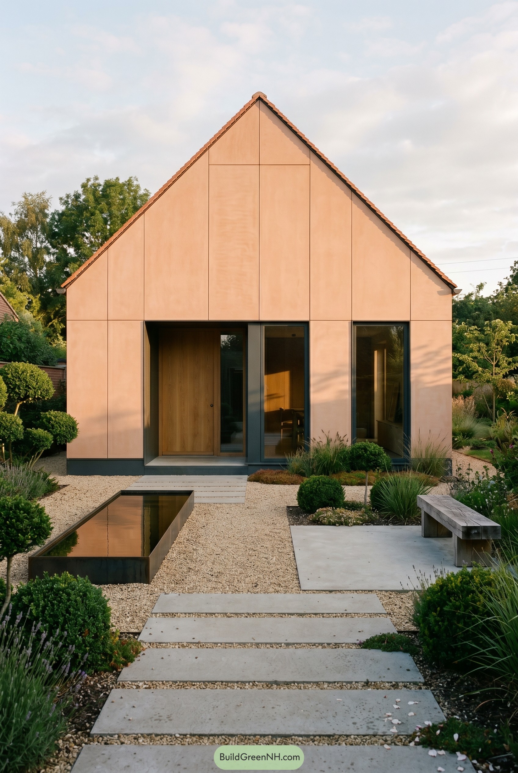 Terracotta gabled house with reflecting pool