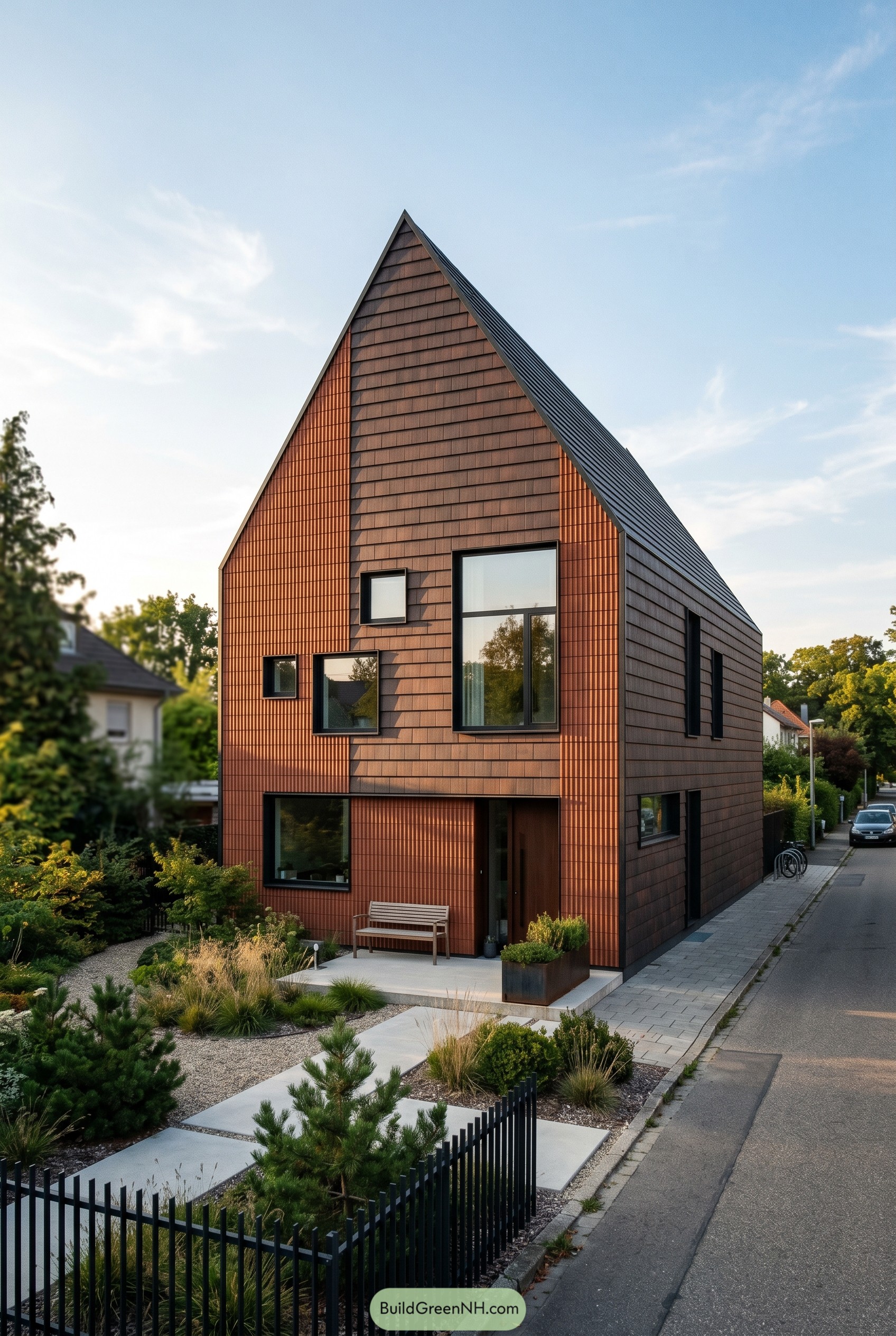 Steep gabled terracotta house with black framed windows