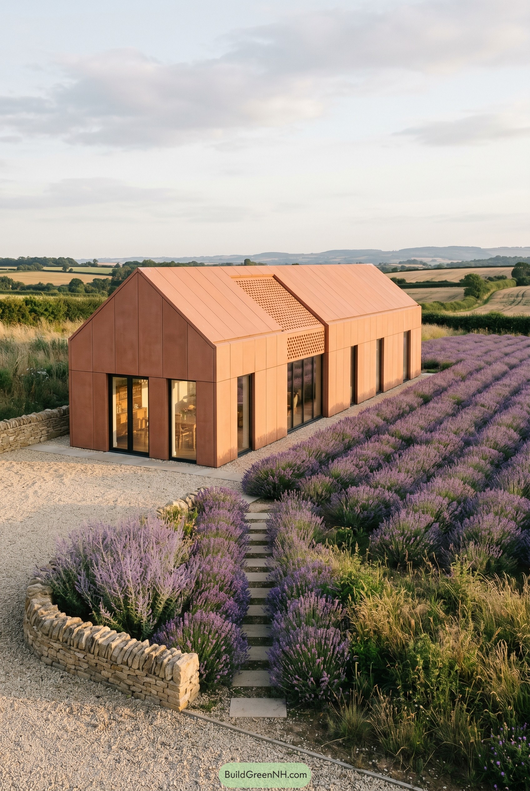 Terracotta gabled home beside lavender rows