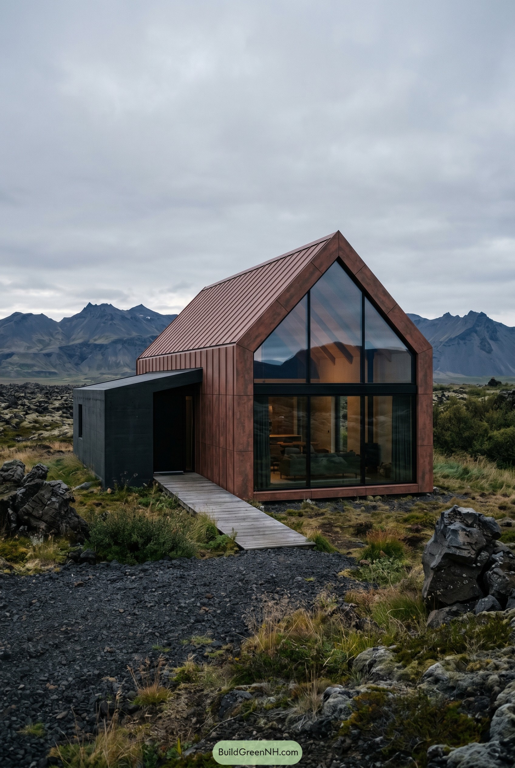 Modern terracotta gabled cabin with glazed front in rocky terrain