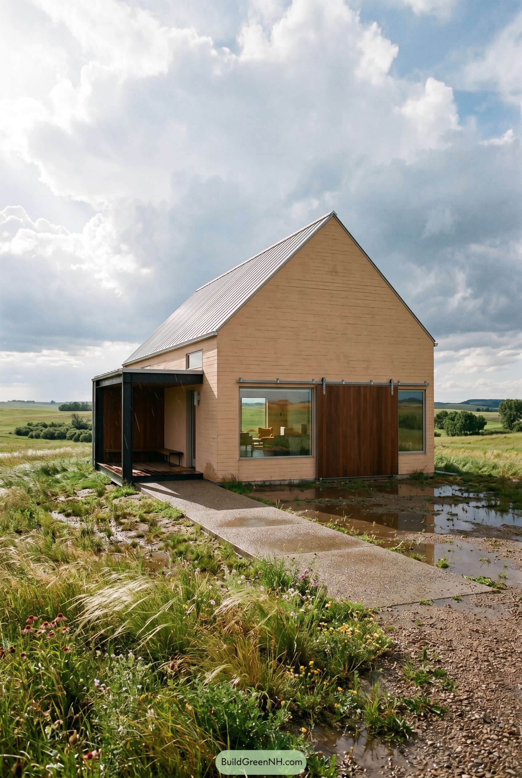 Pale terracotta gabled house with sliding wood screen