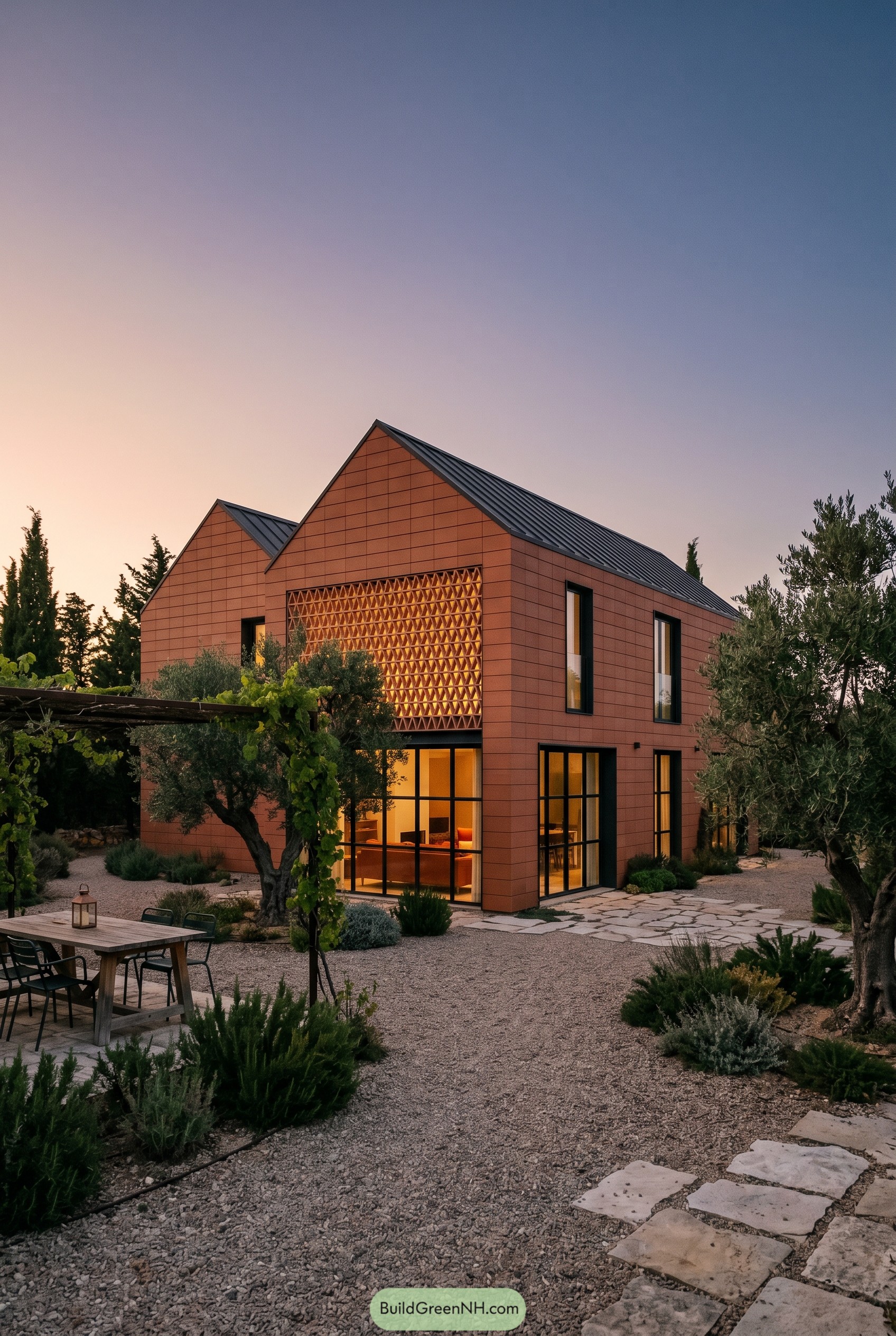 Terracotta twin gabled home with lattice screen