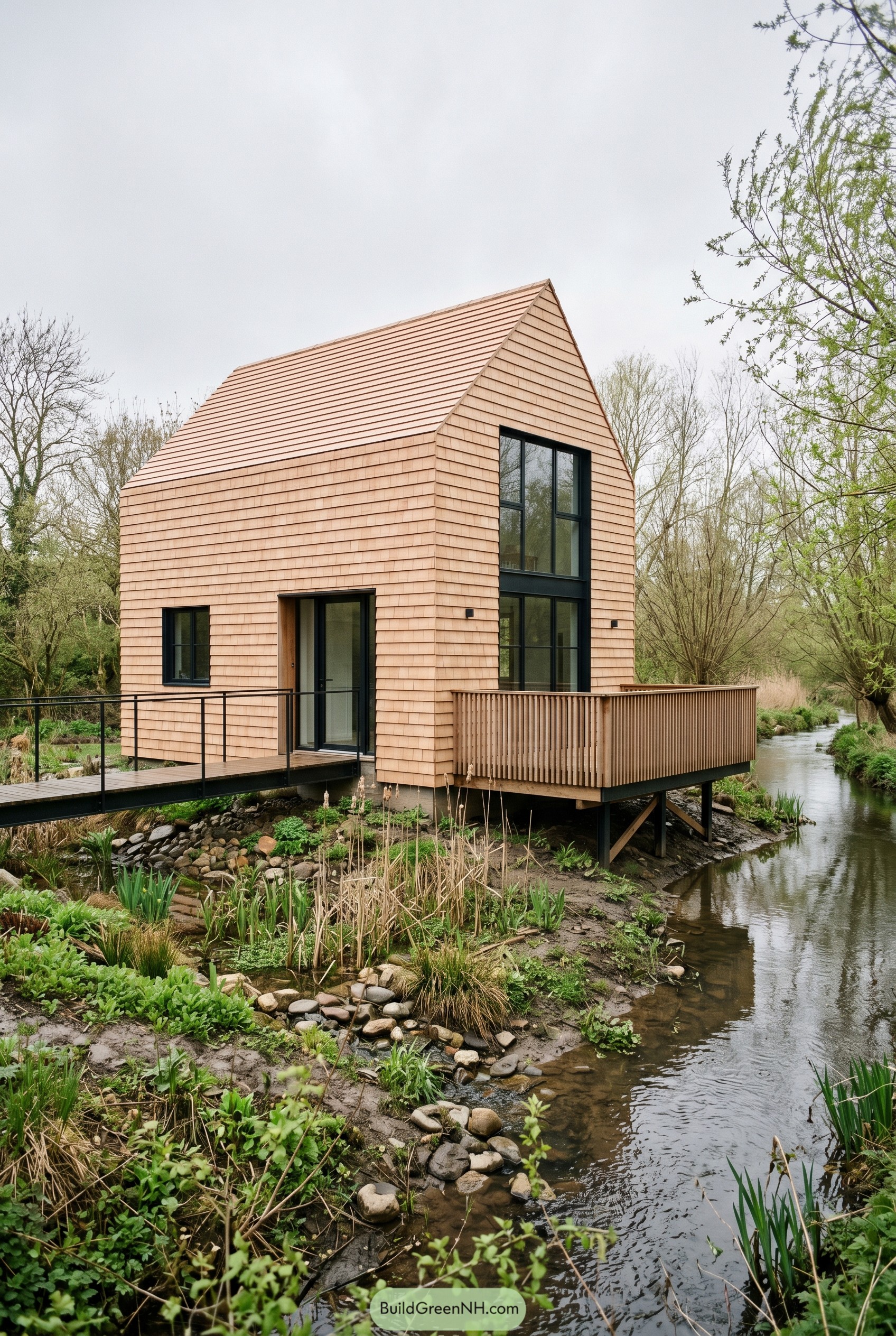 Terracotta gabled house on stilts by a creek