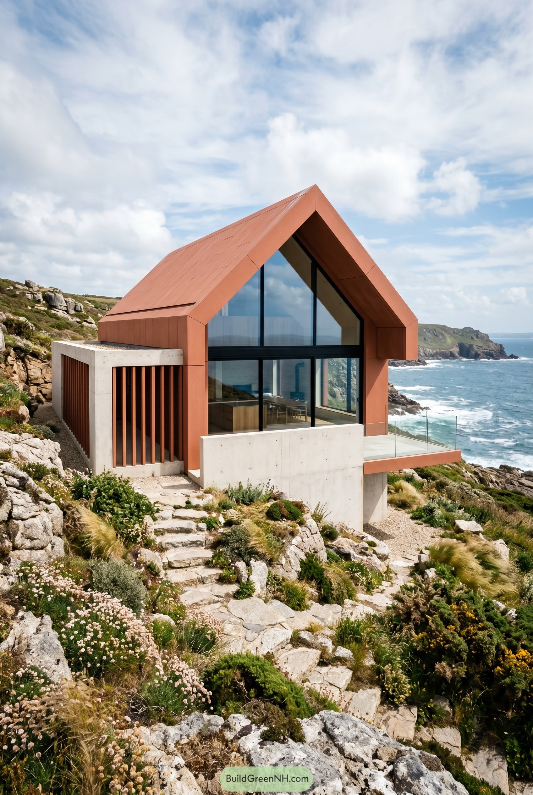 Terracotta gabled house on rocky coast
