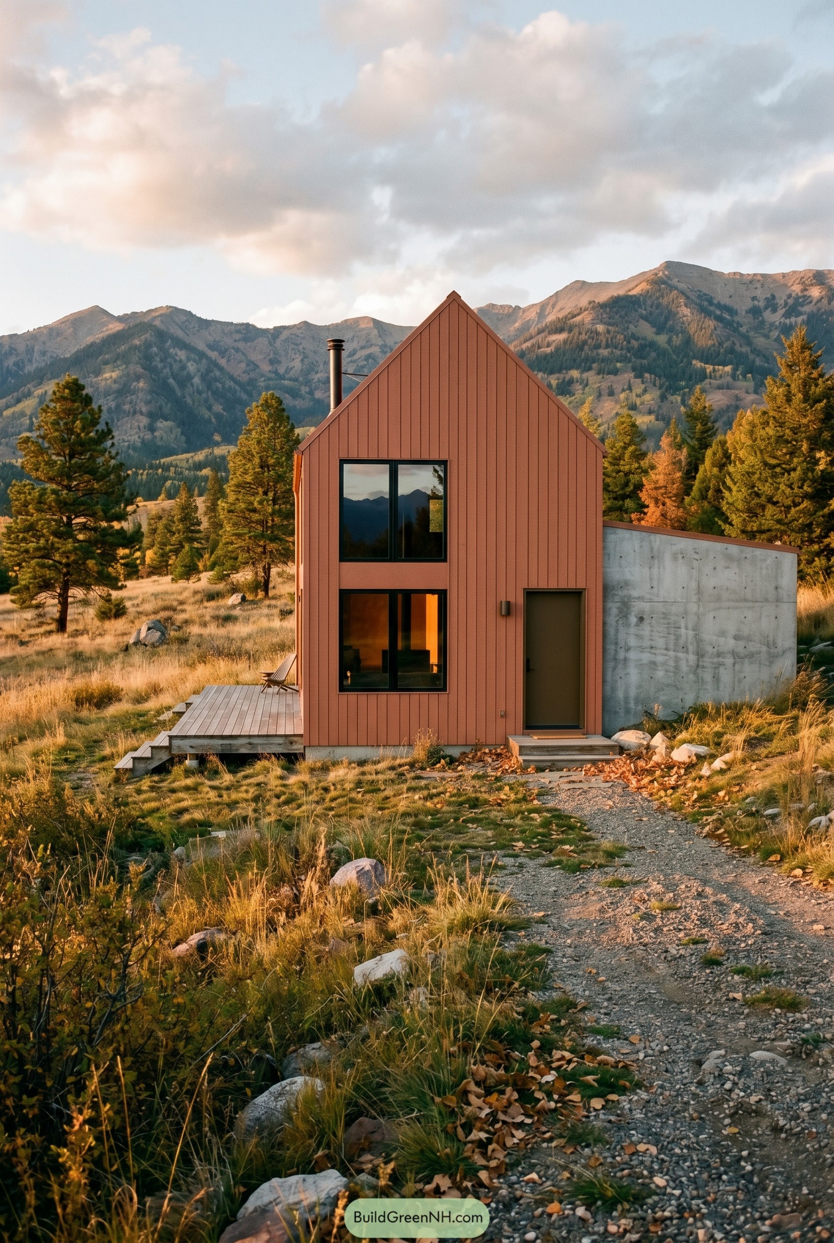 Terracotta gabled cabin with concrete side wing
