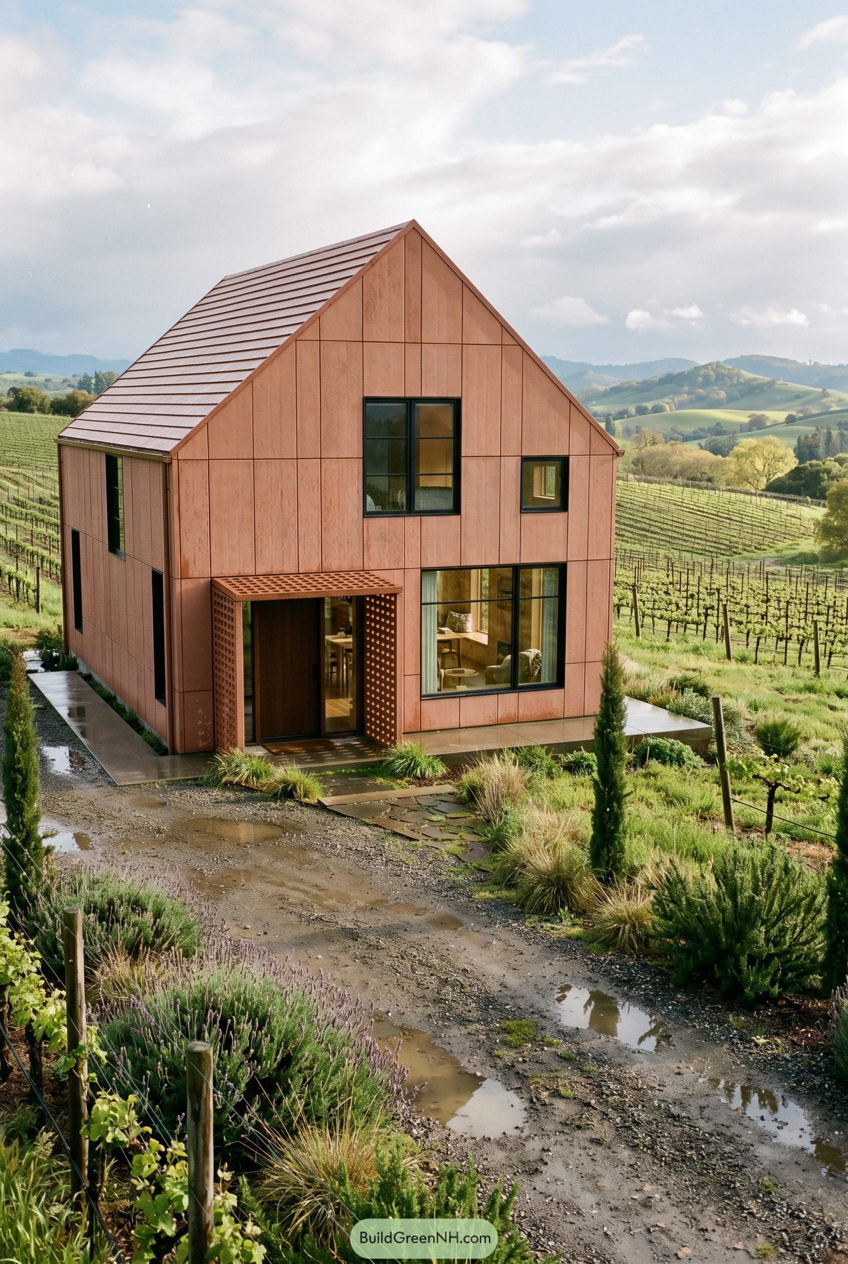Modern terracotta gabled house beside vineyard