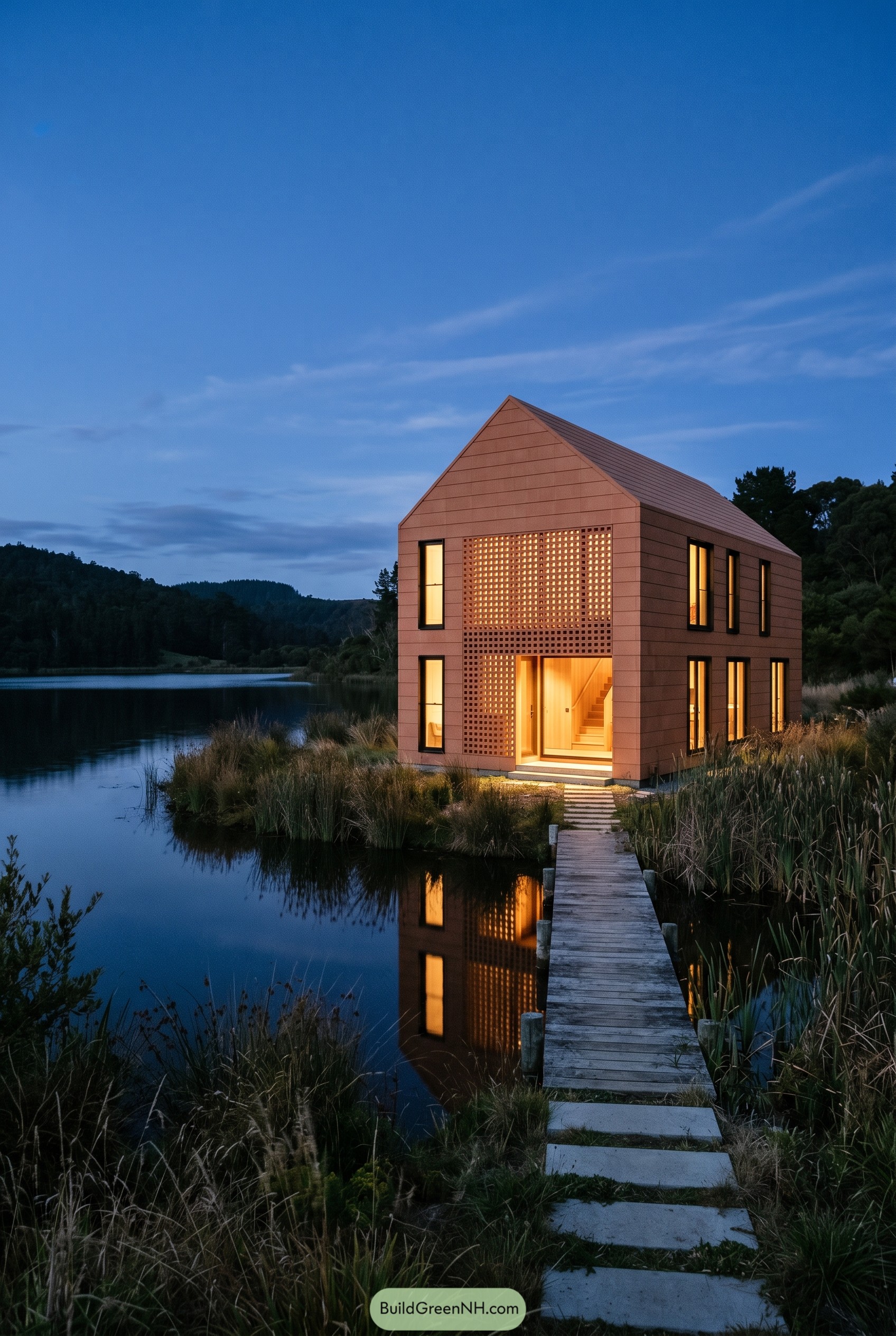 Terracotta gabled house beside a lake with dock