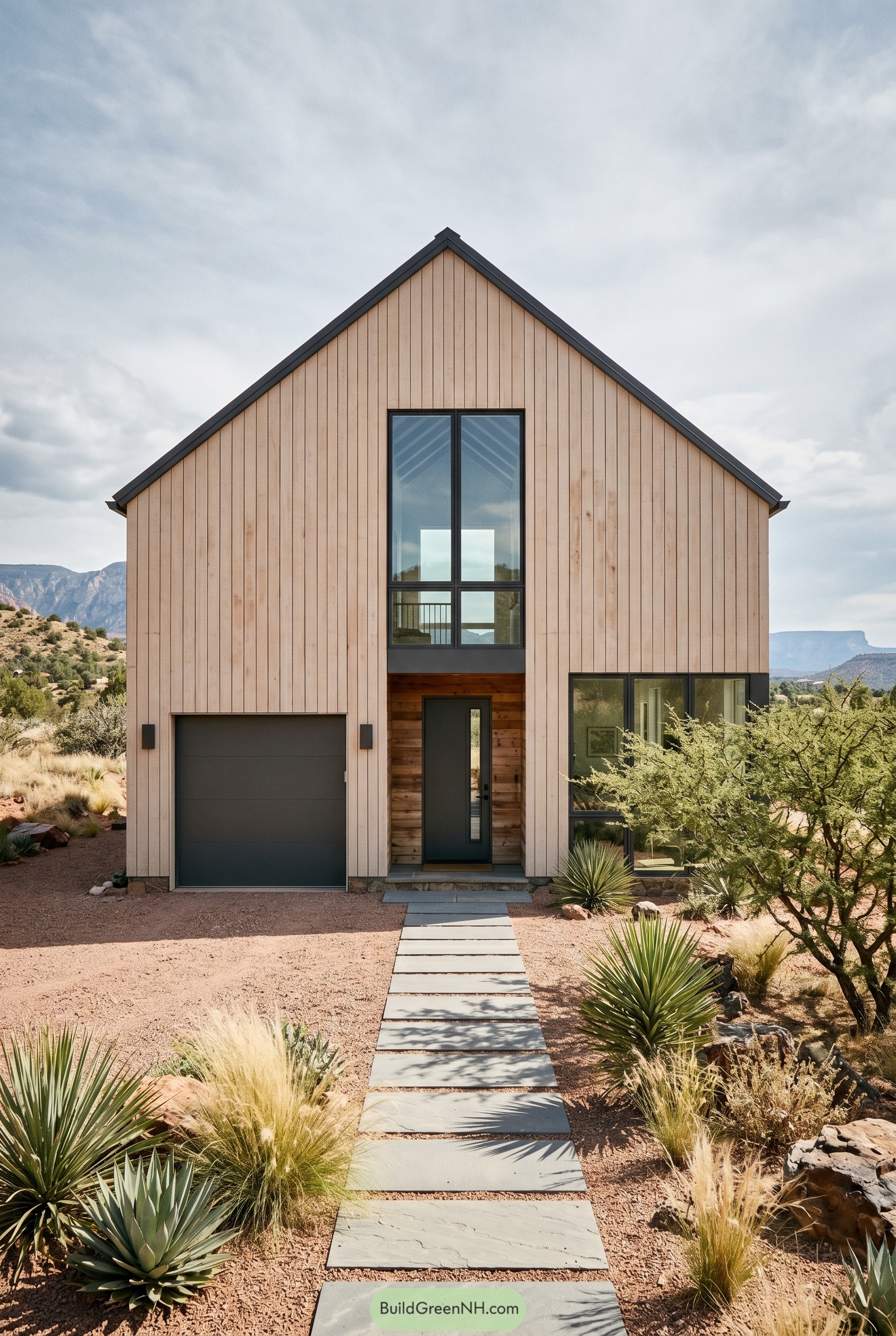 Modern gabled home with pale wood siding in desert