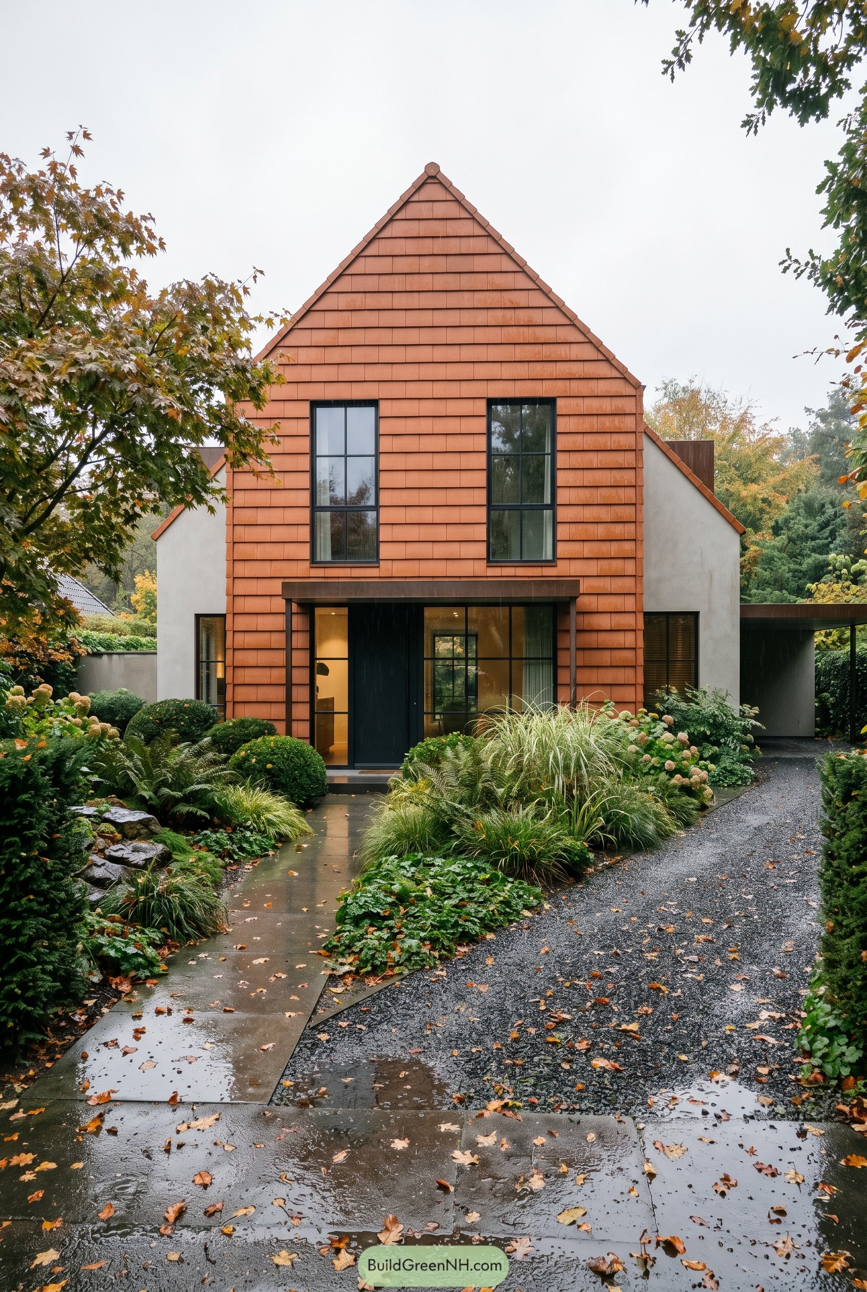 Terracotta gabled house with black framed windows
