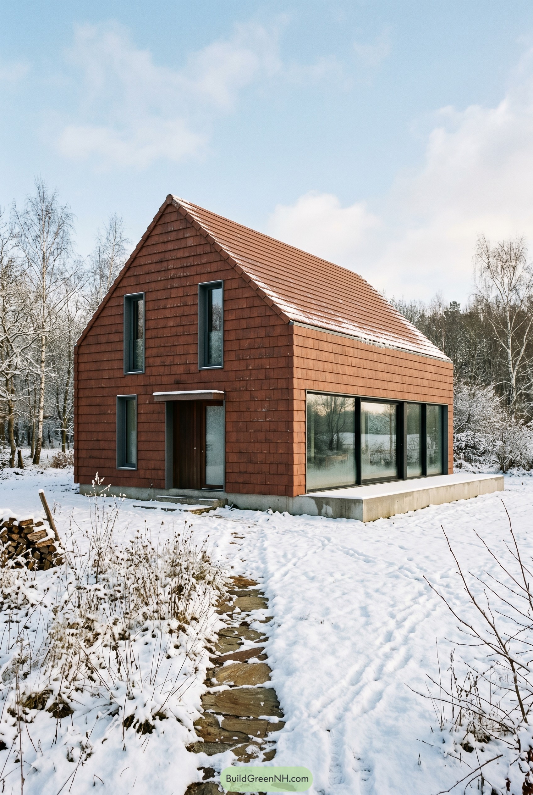 Terracotta gabled house in snowy woods