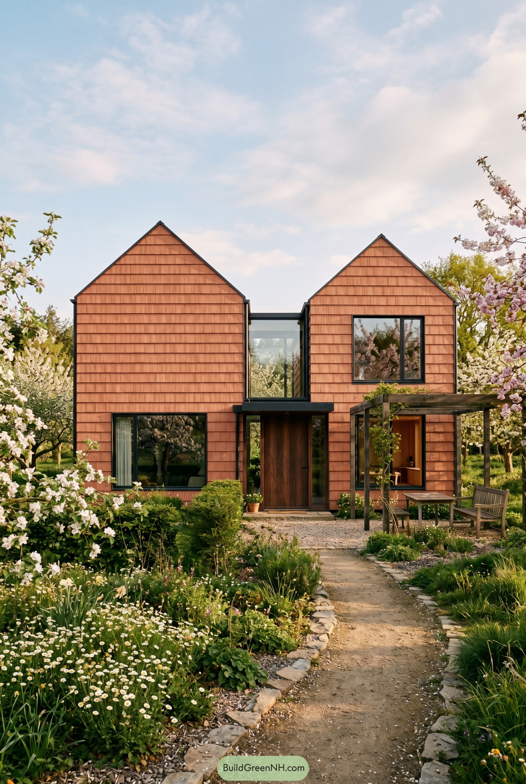 Terracotta twin gabled house in flowering garden