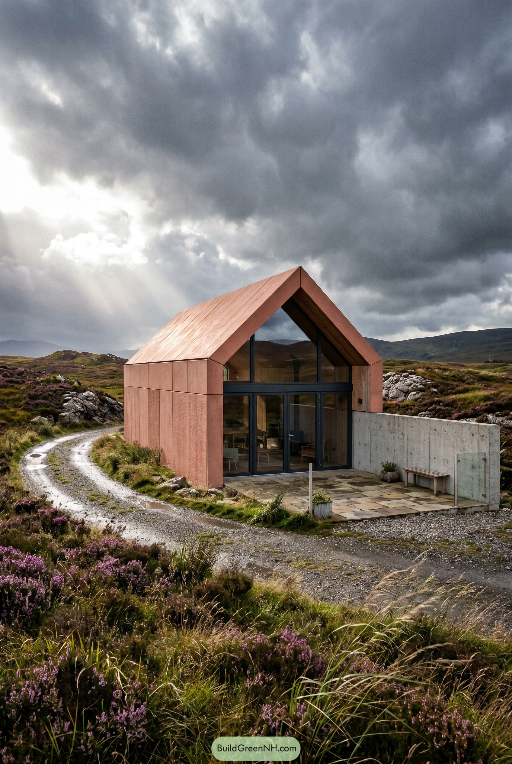 Terracotta gabled house on open moorland