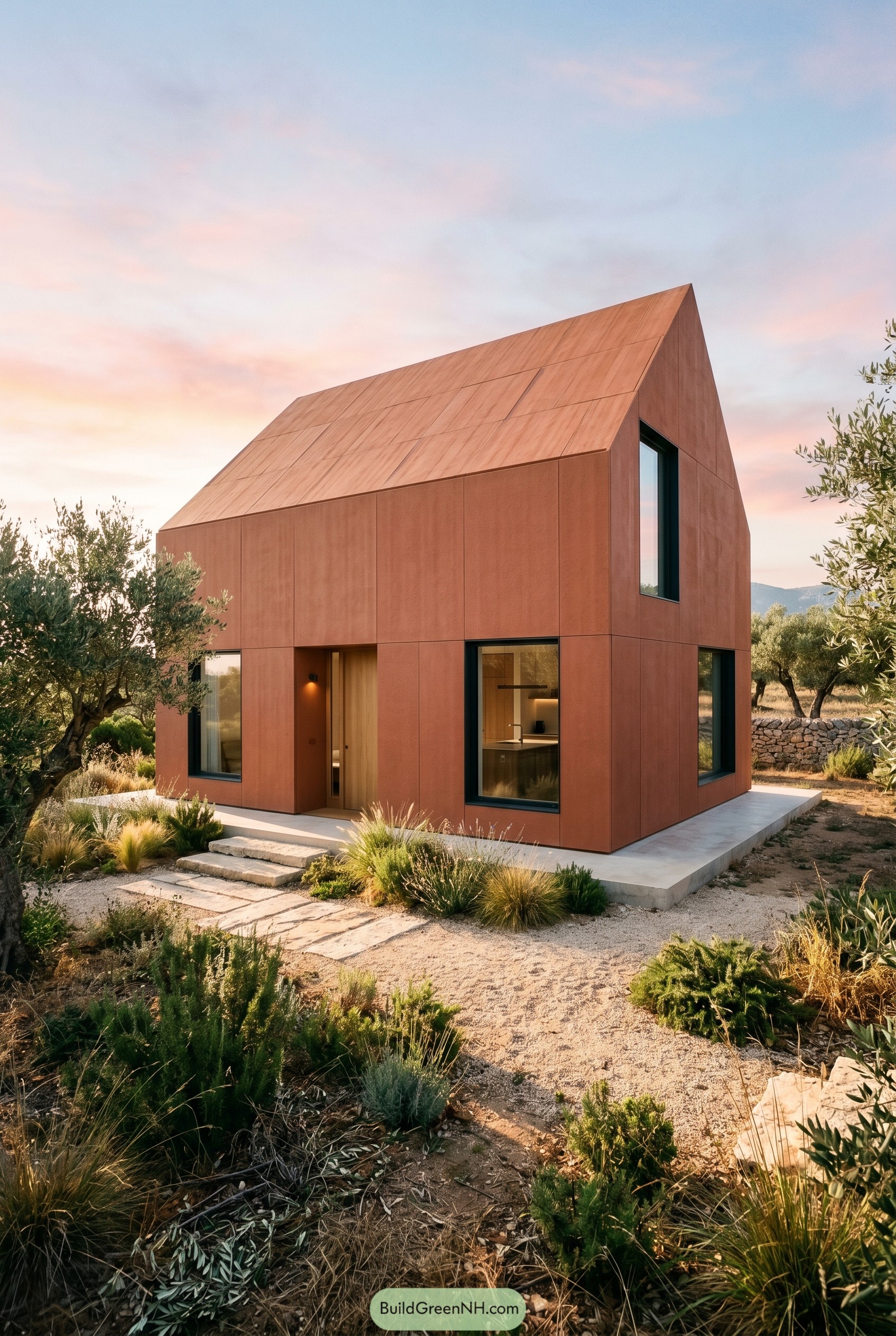 Modern terracotta gabled house in a dry garden