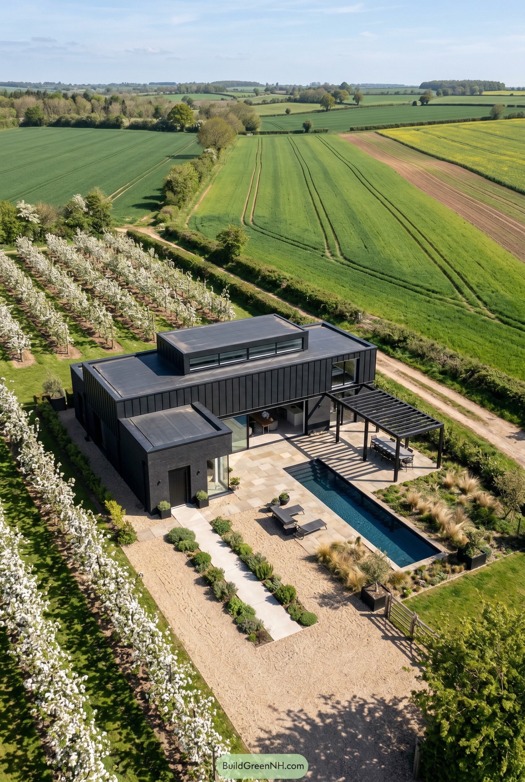 Black modern house with pool beside orchard
