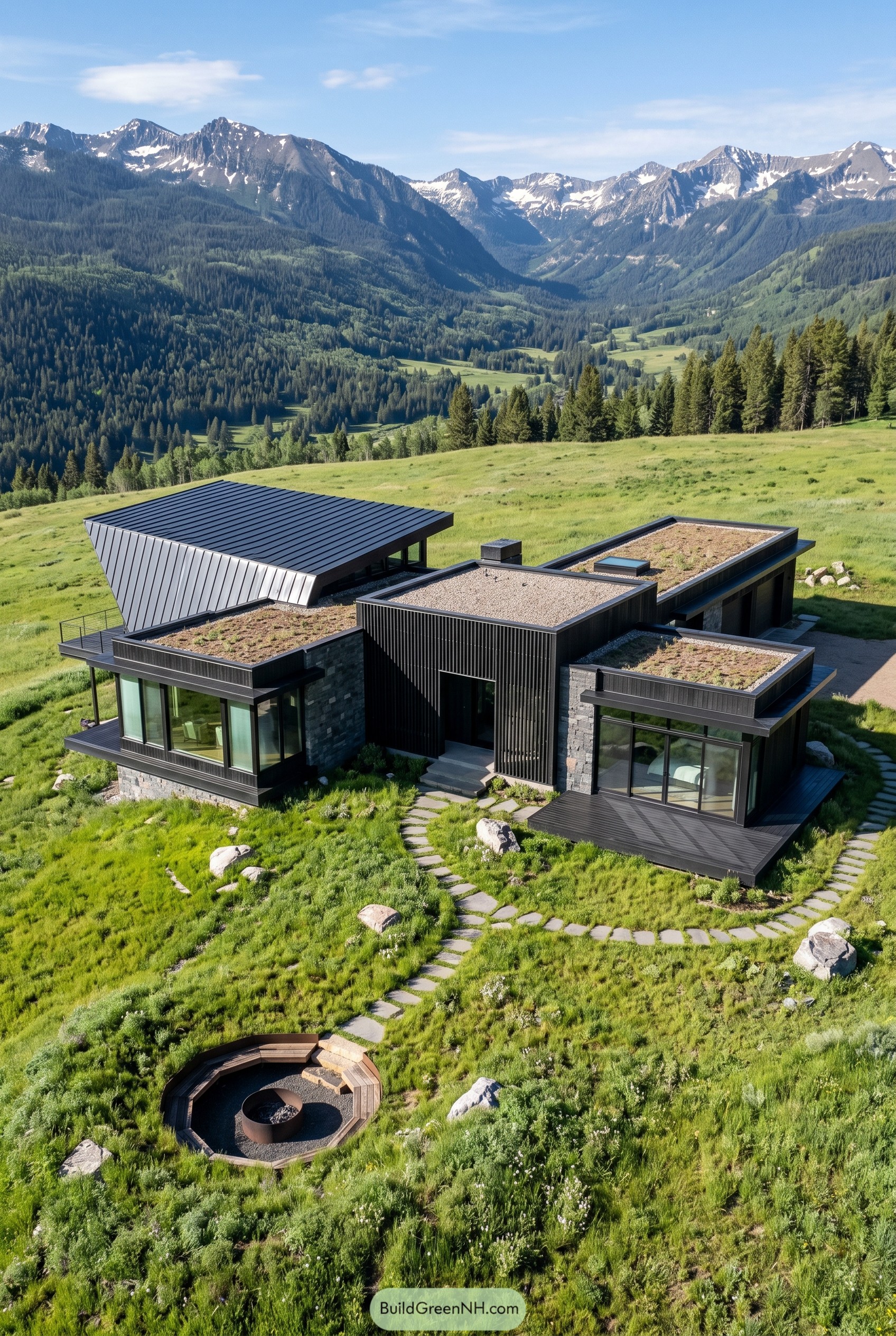 Black modern house with green roofs in a mountain meadow