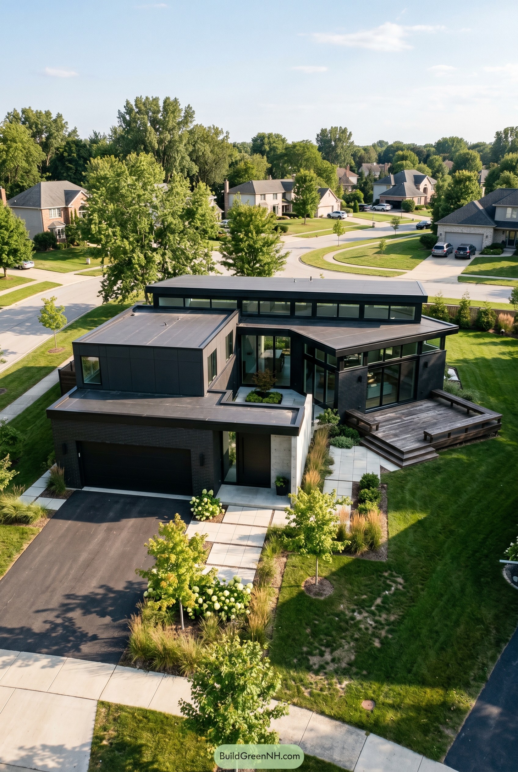 Aerial view of a black flat roof modern home with deck