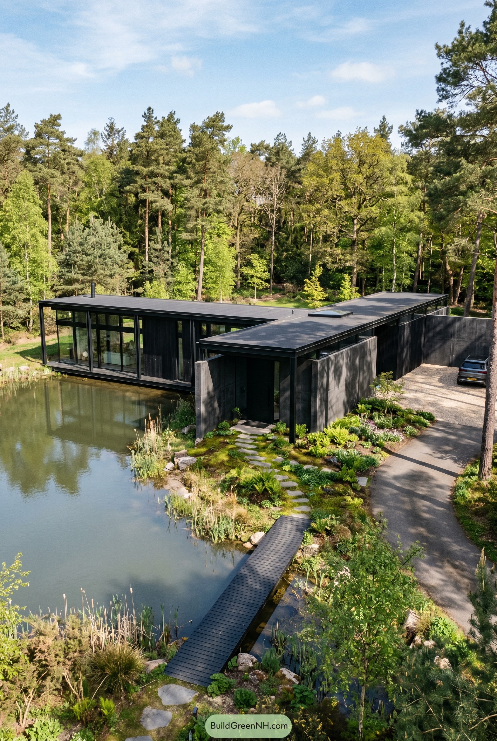 Black flat roof house beside a forest pond