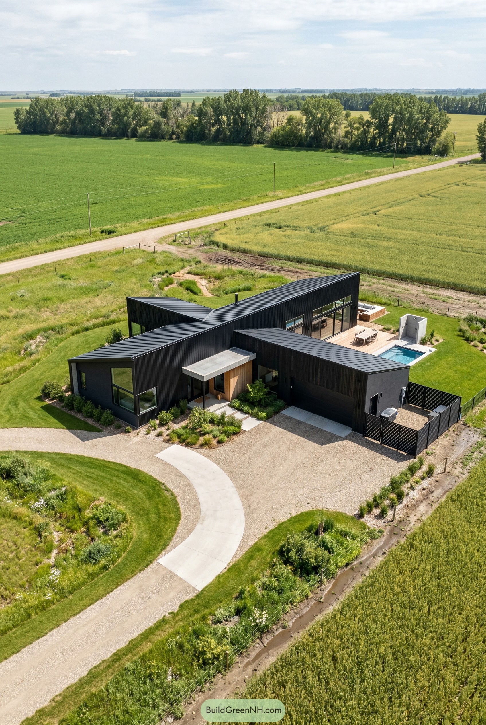Aerial view of a black pinwheel shaped modern house with pool