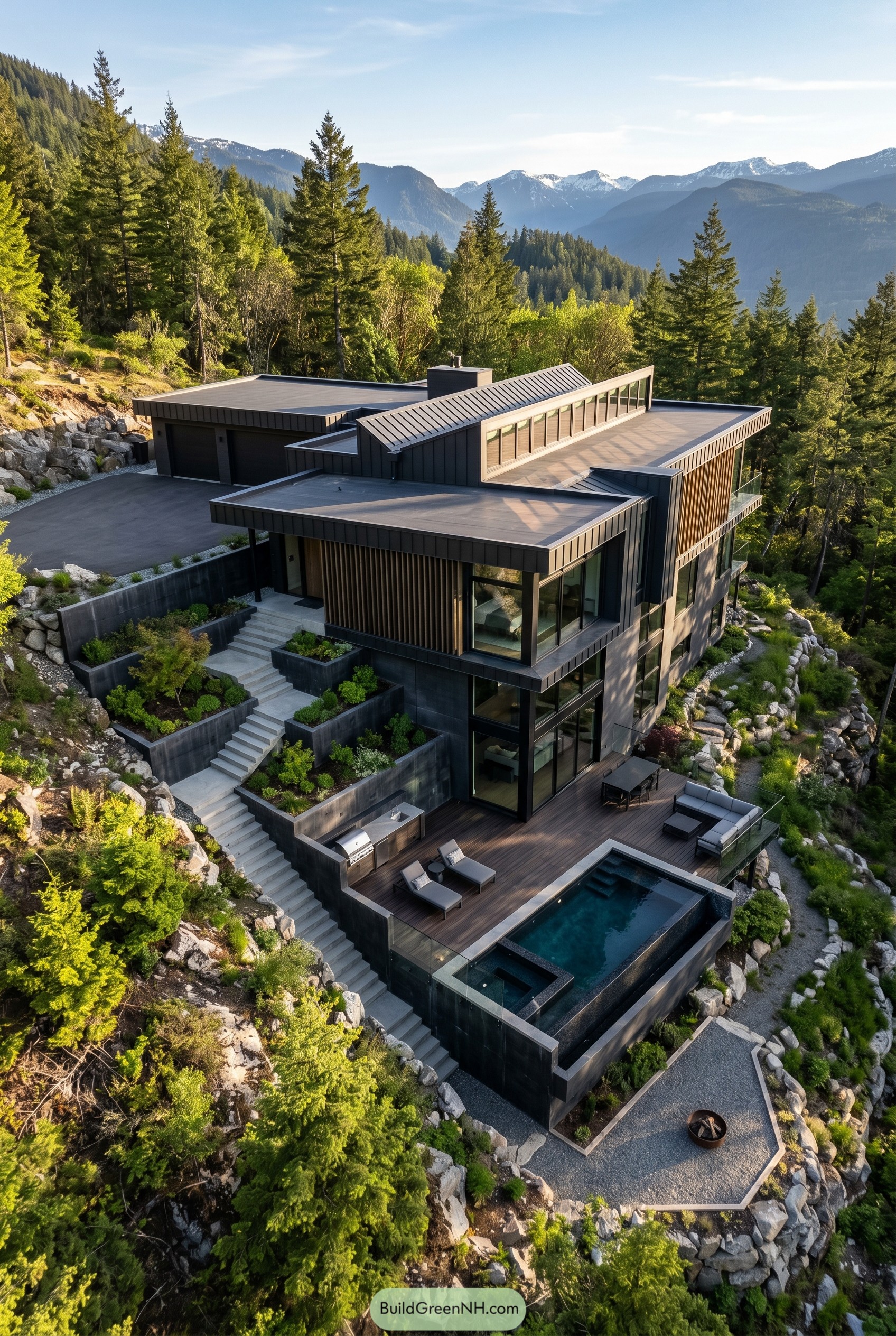 Black modern hillside house with pool