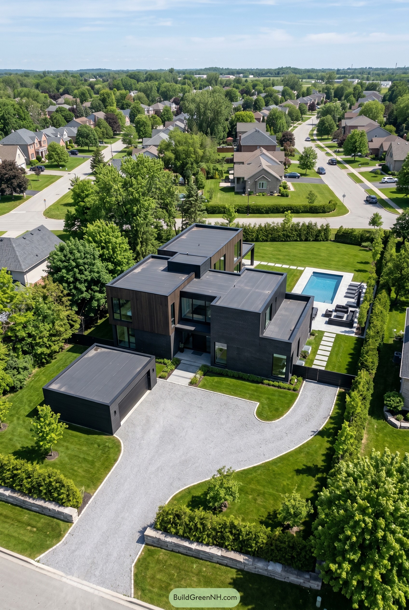 Aerial view of a black modern house with pool