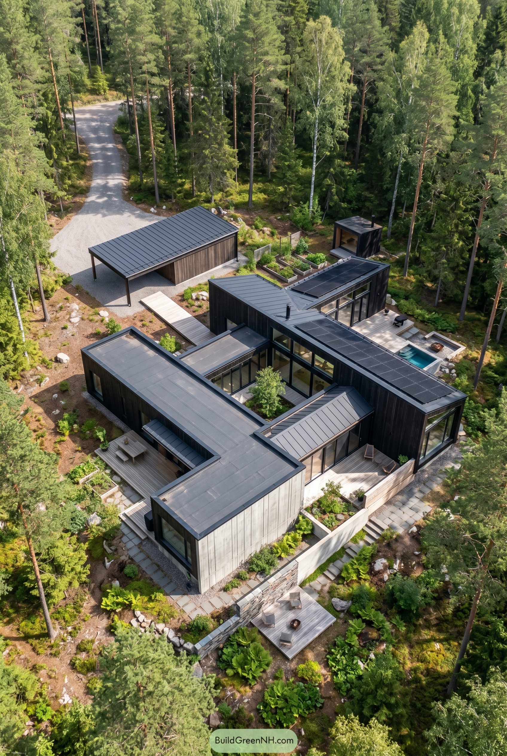 Aerial view of a black modern forest home with courtyard and pool