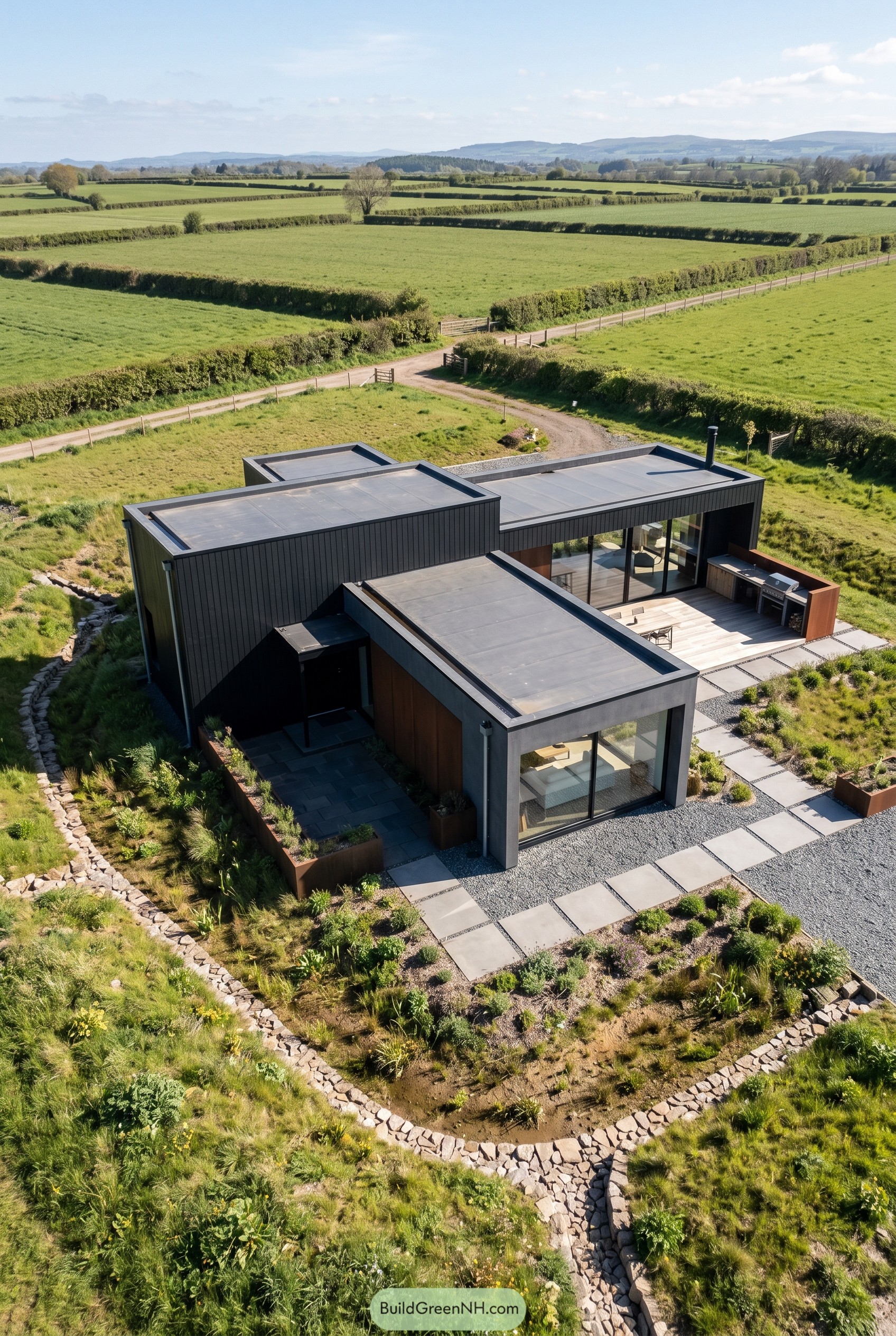 Black flat roof home in open farmland