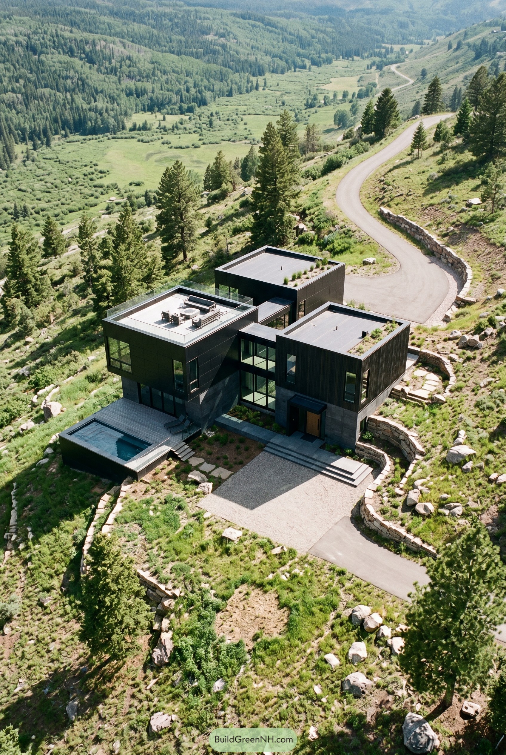 Black hillside modern home with rooftop terrace and pool