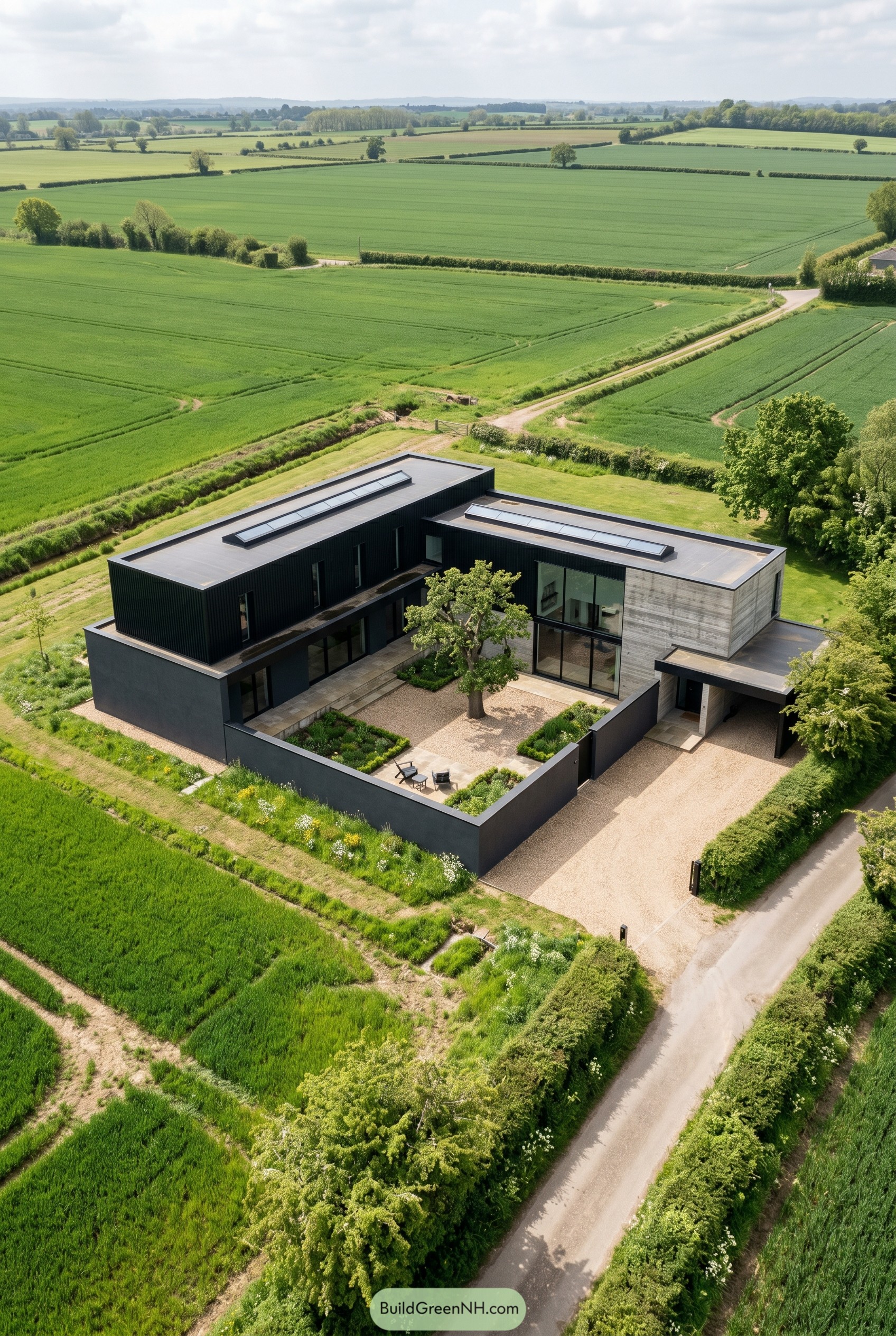 Black modern courtyard house amid green fields