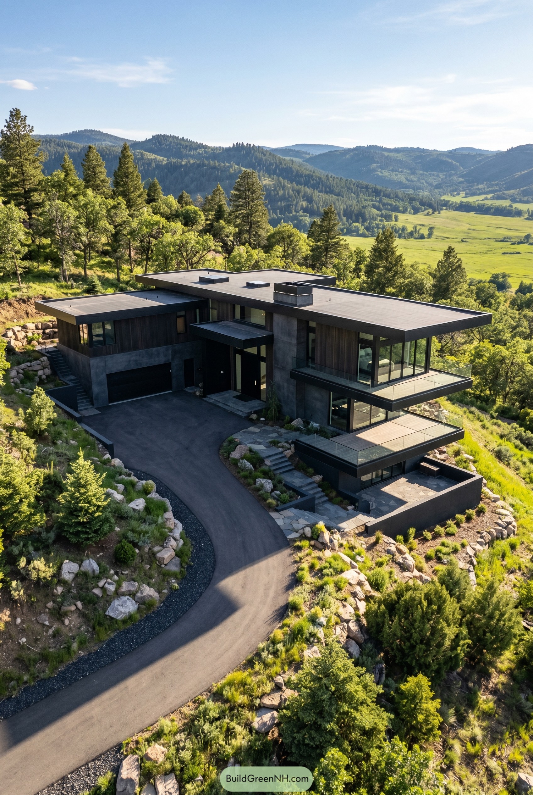 Black modern hillside house with glass terraces