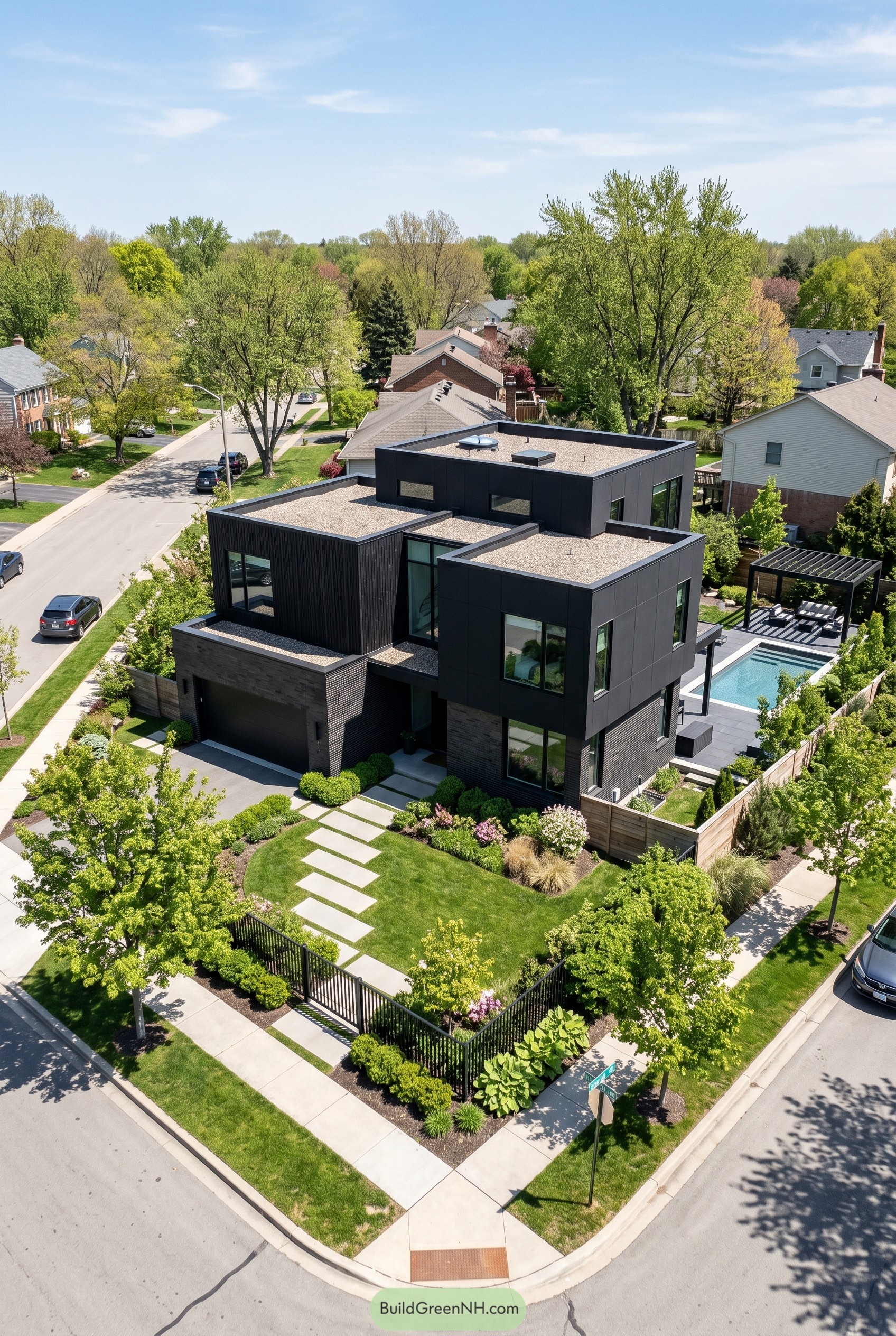 Black cubic house on corner lot with pool