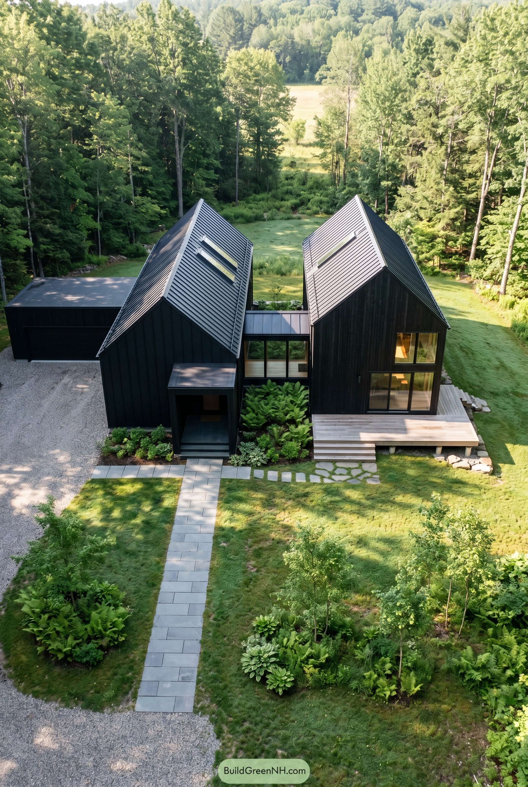 Black twin gable modern house in forest clearing