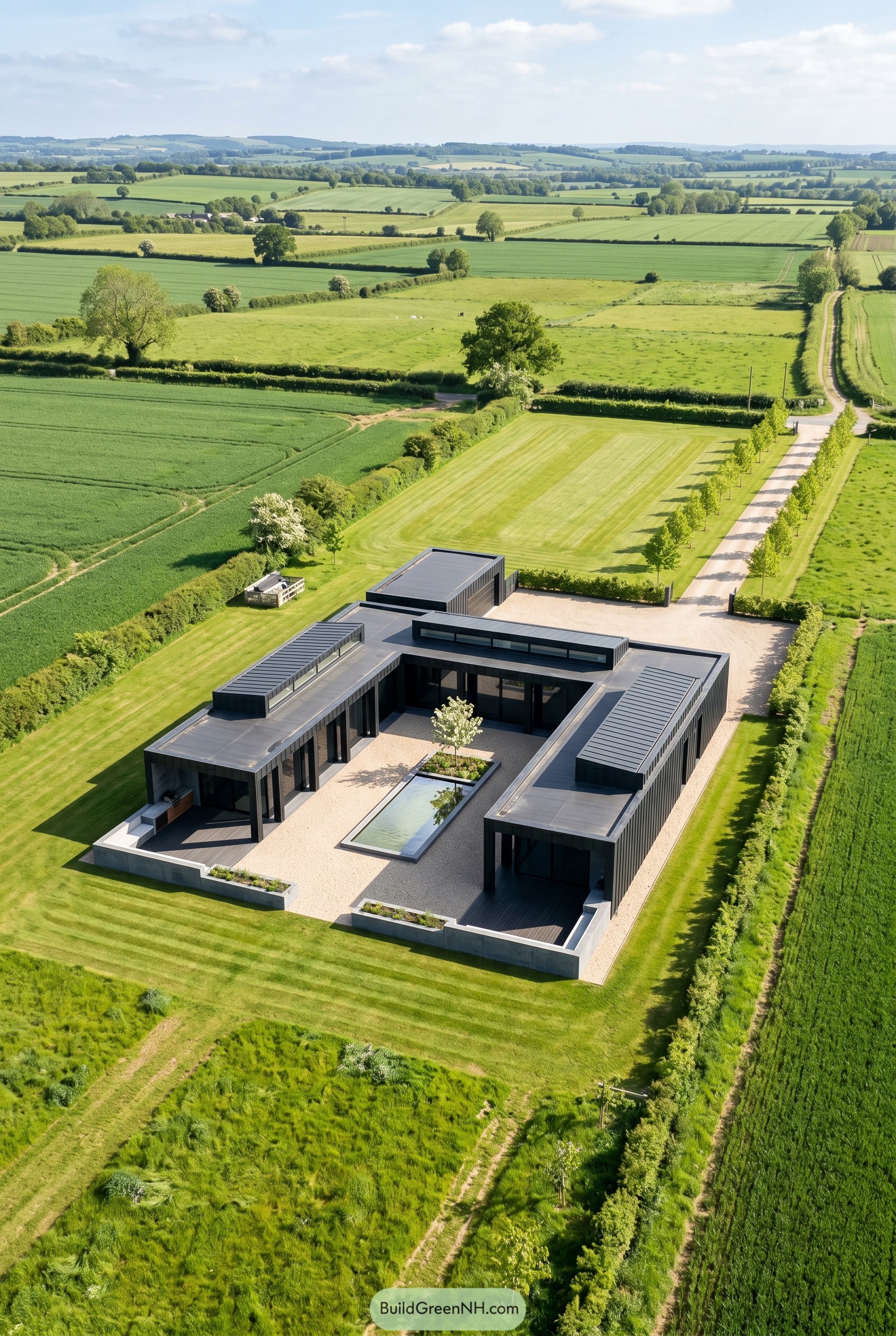 Black courtyard home set in farmland