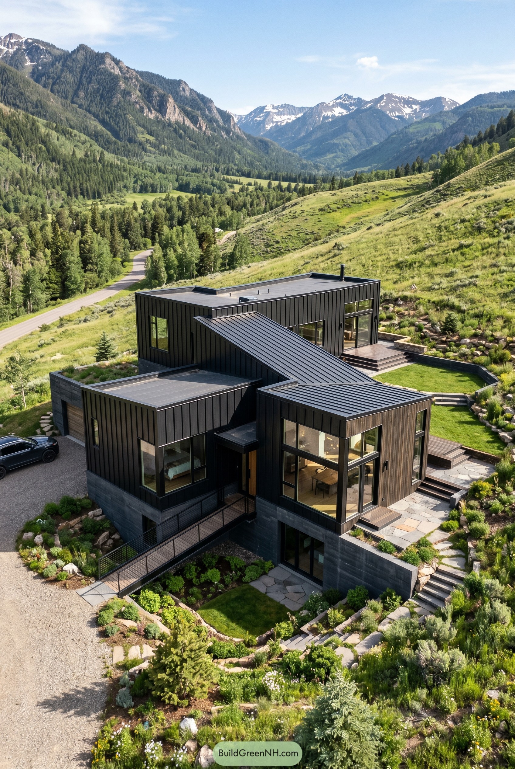 Black modern mountain house with terraced levels