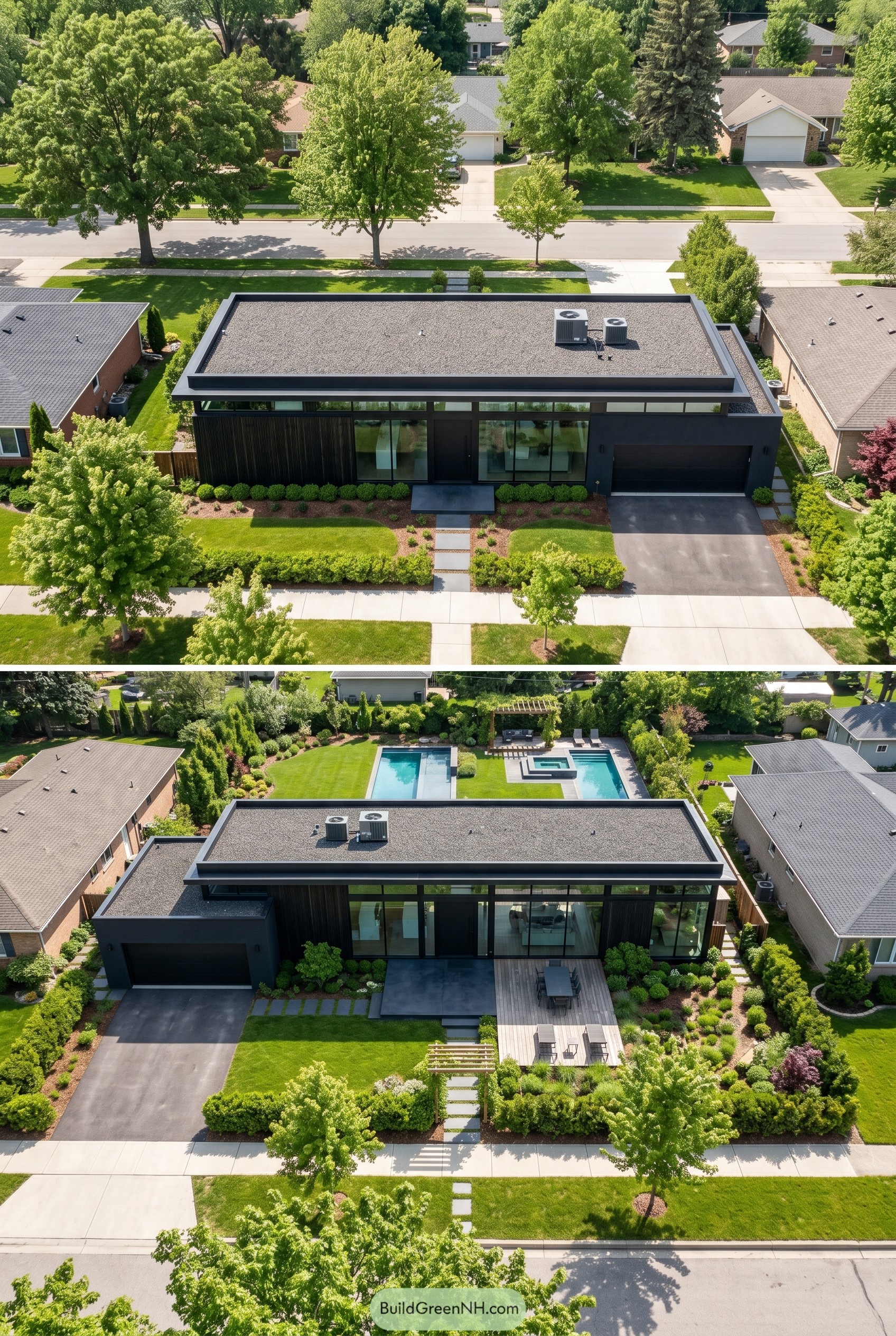 Black single story modern home with backyard pool