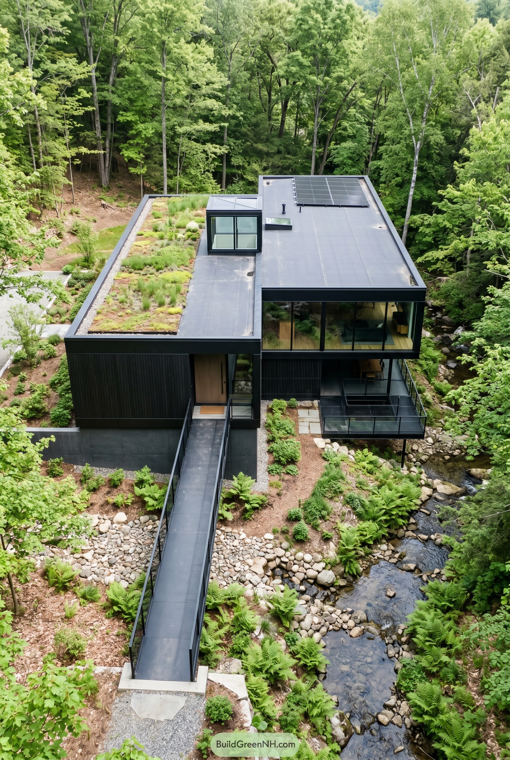 Black modern house over a forest creek with green roof