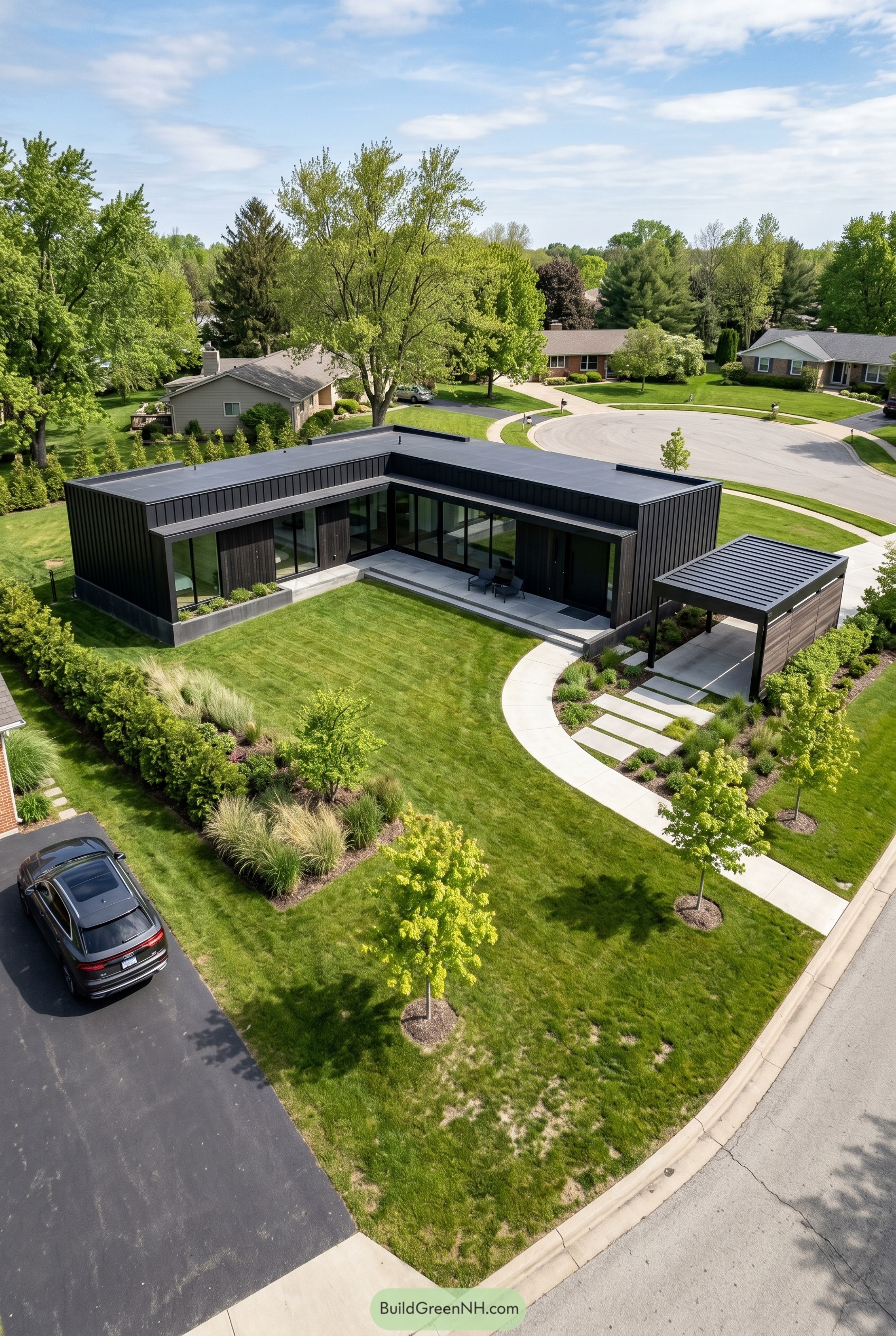 L shaped black modern house with flat roof