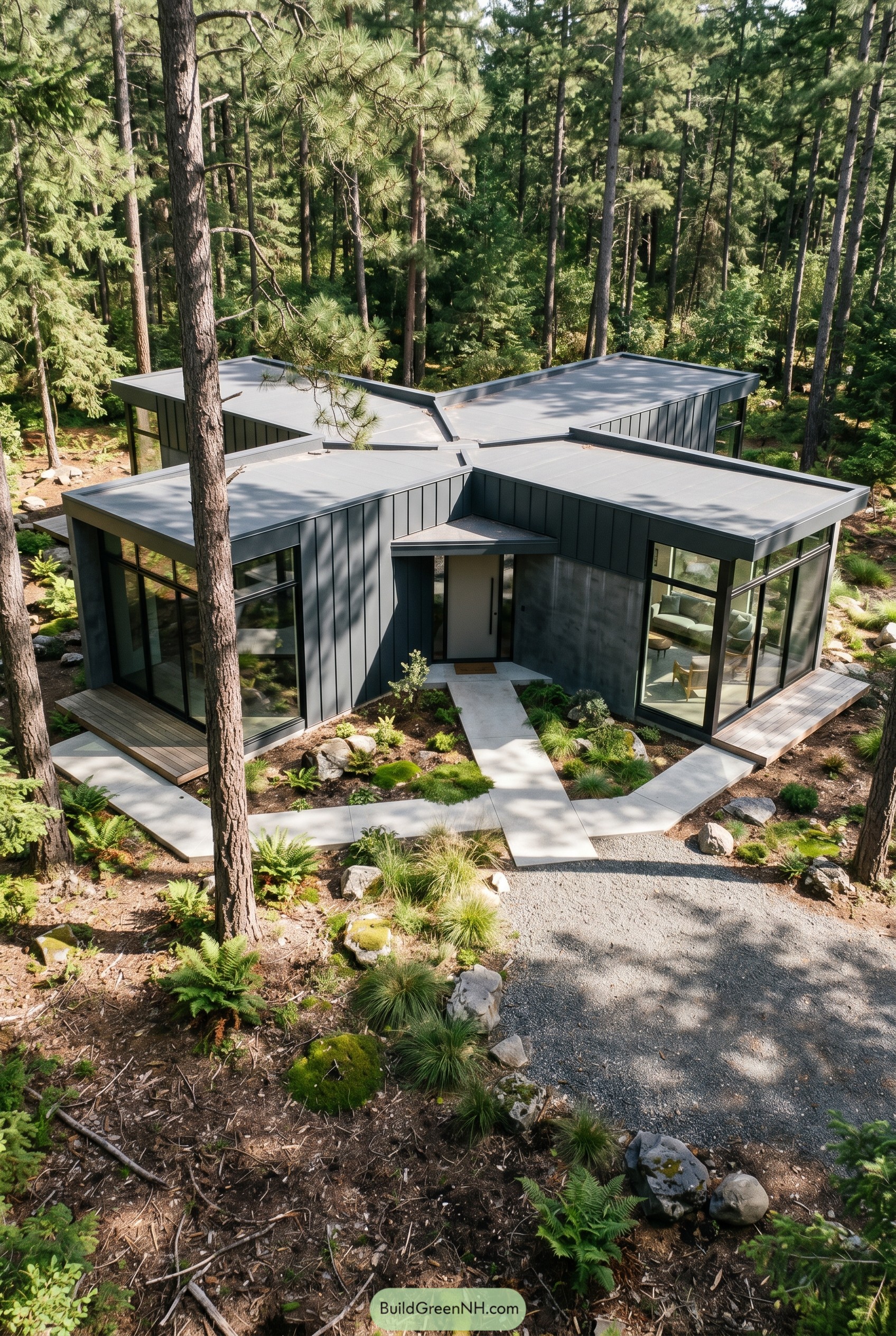 Charcoal modern house with pinwheel roof in pines