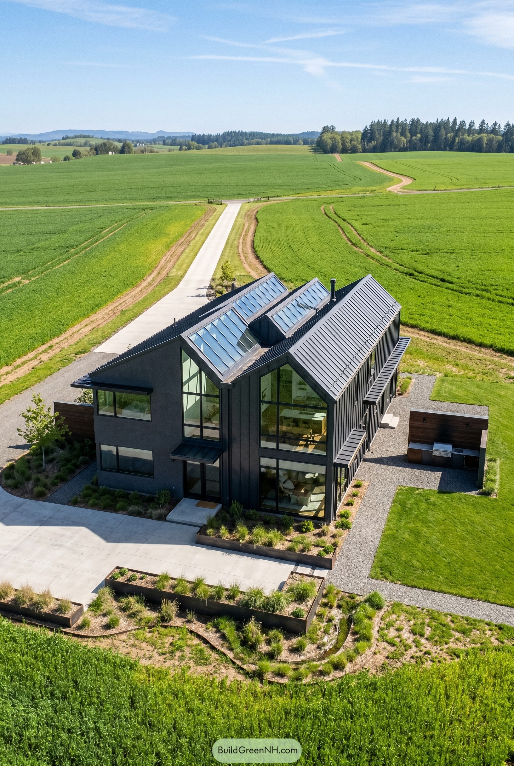 Charcoal modern farmhouse with skylit gables in open fields