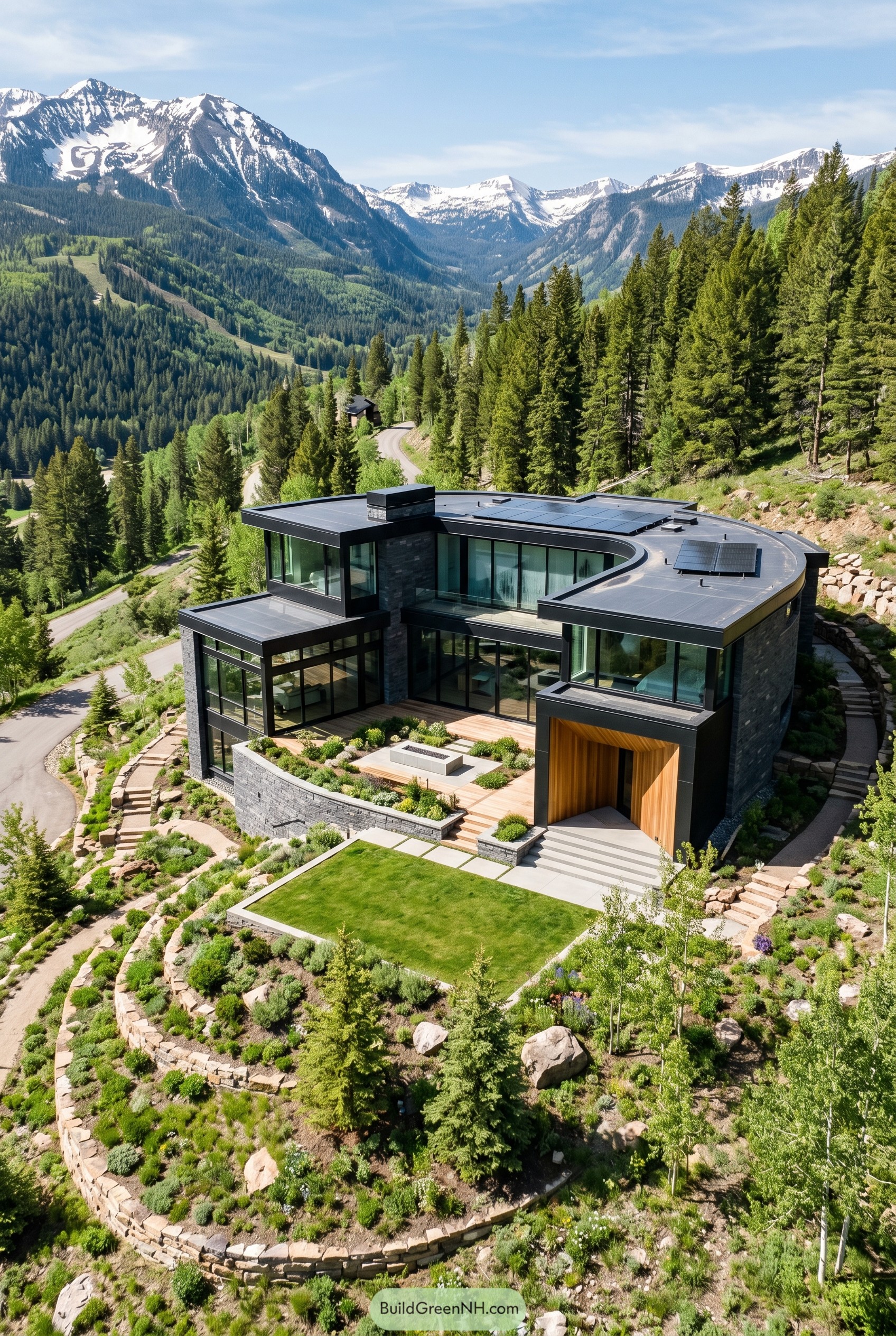 Curved charcoal mountain home with glass walls