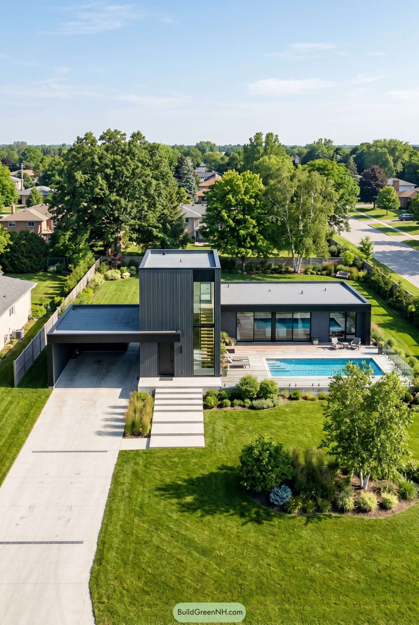 Modern charcoal home with flat roofs and pool