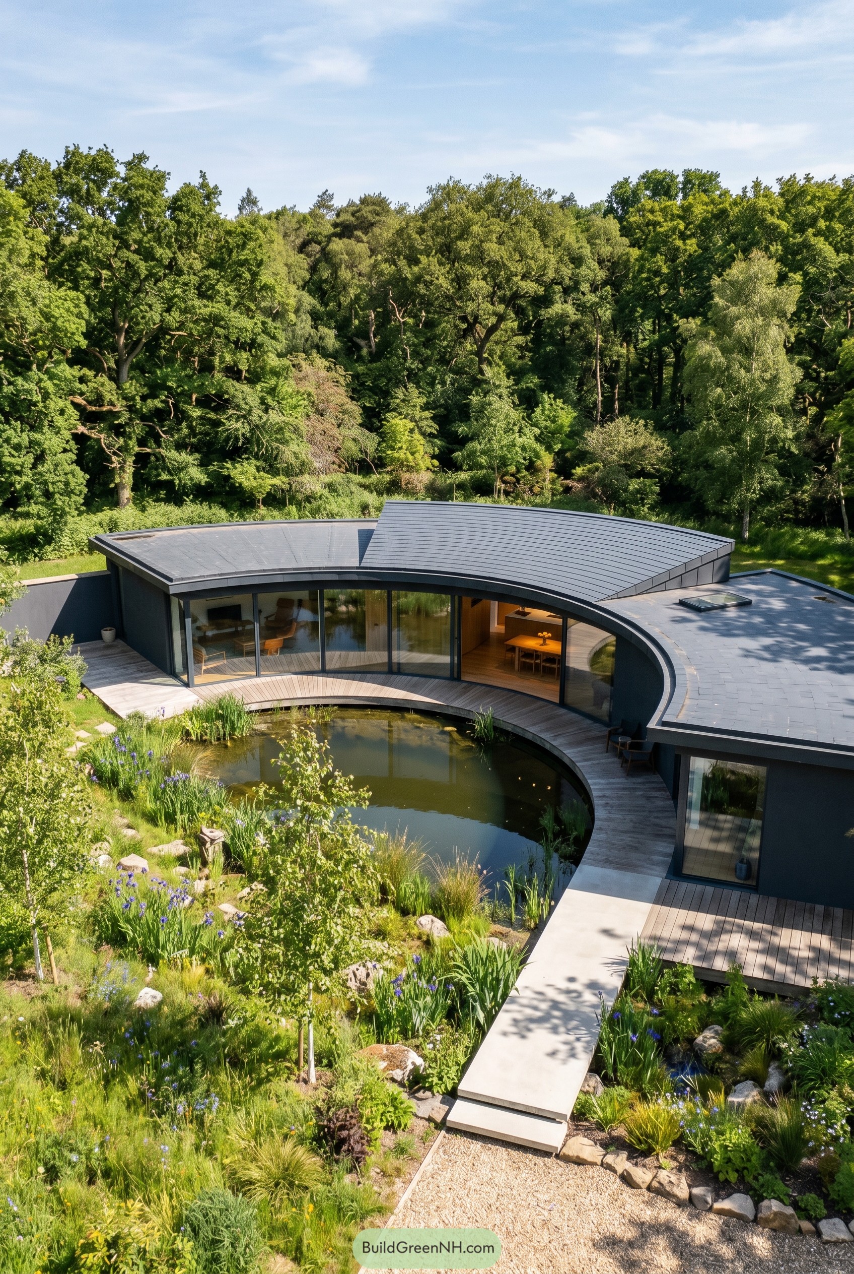 Curved charcoal home around a garden pond