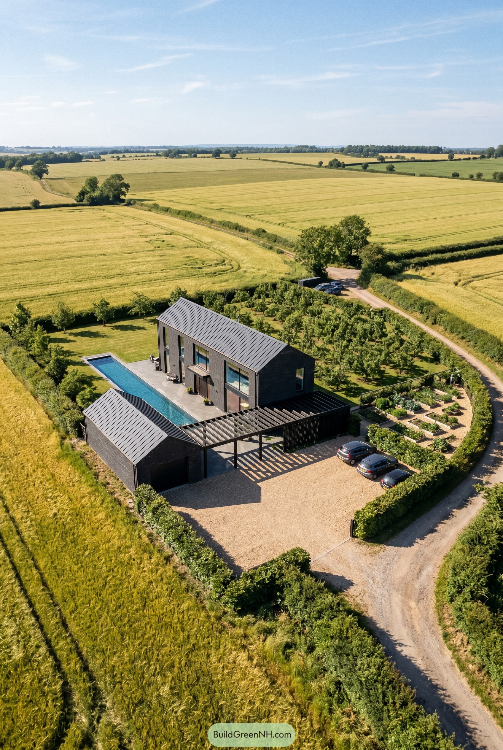 Charcoal barn style house with lap pool in open fields