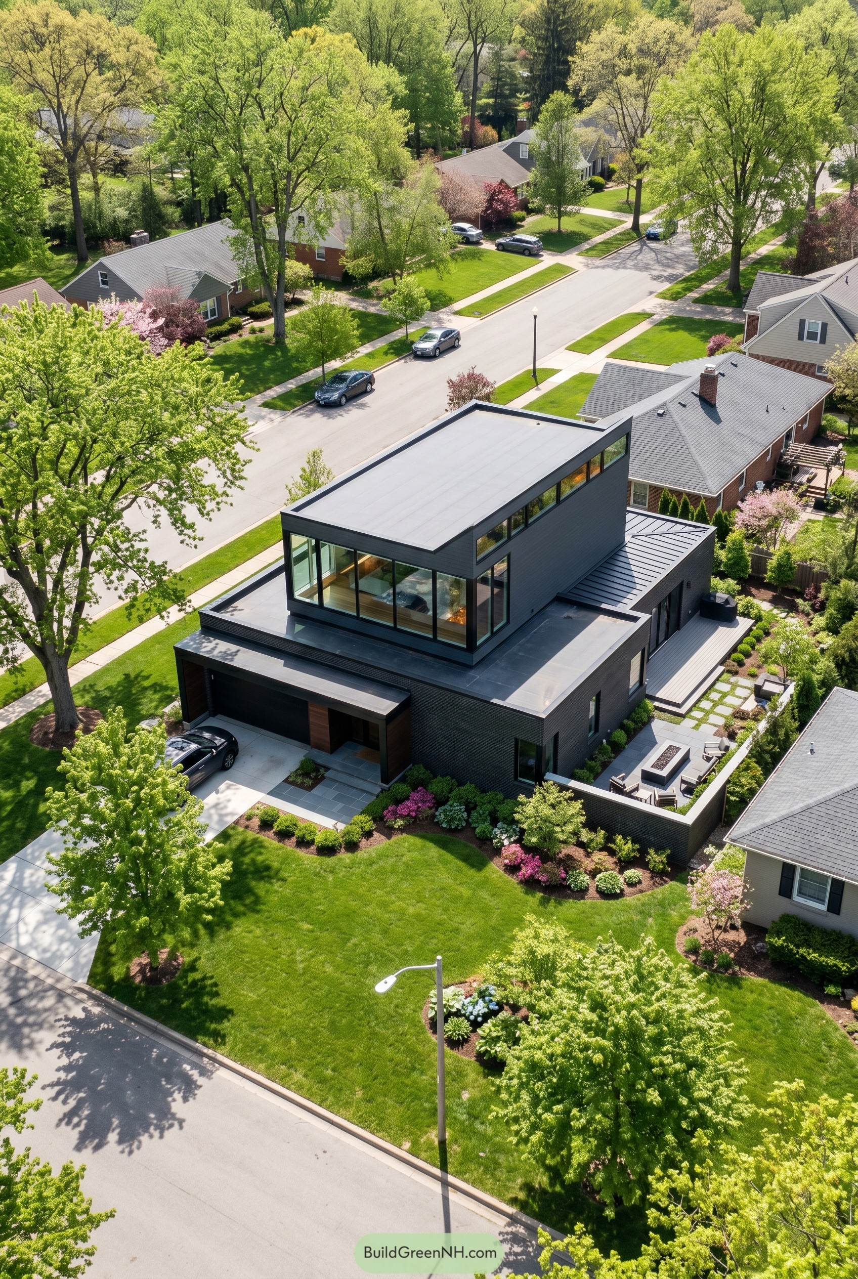 Aerial view of a charcoal modern corner house with a stacked glass upper level
