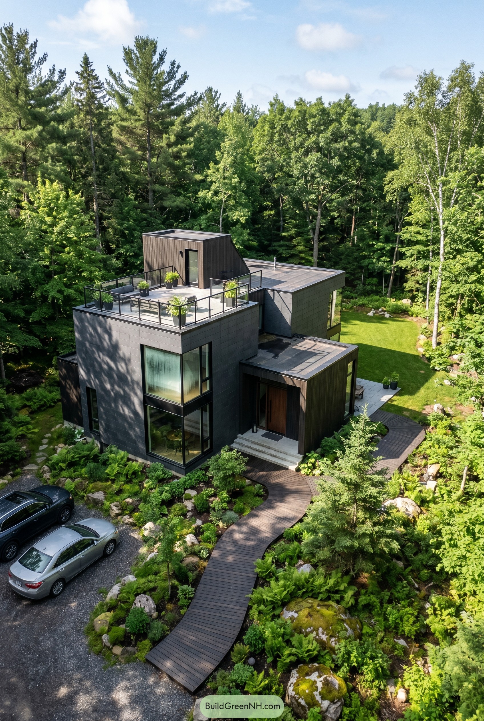 Charcoal modern house with rooftop terrace in forest