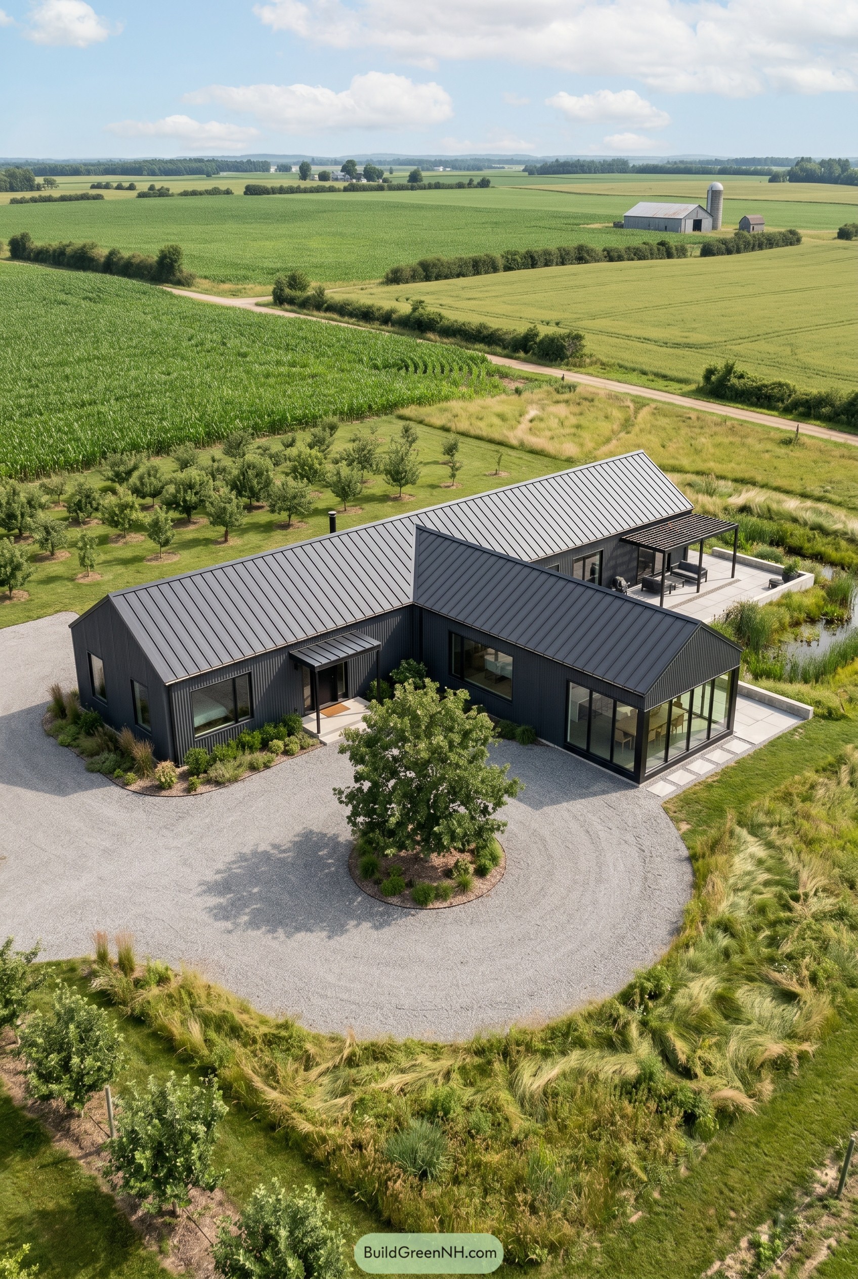 Charcoal cross gable house with circular drive