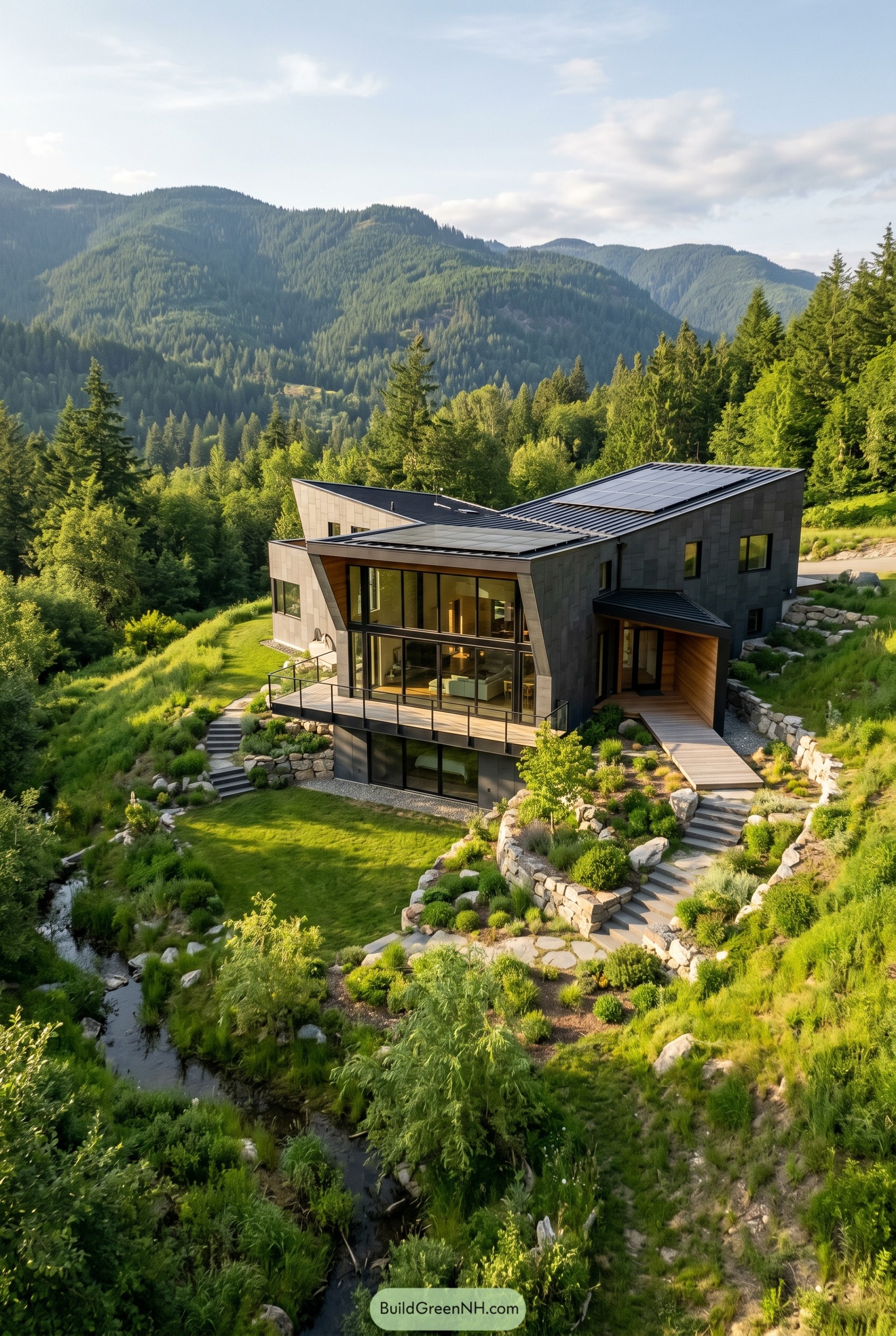 Charcoal hillside home above a creek