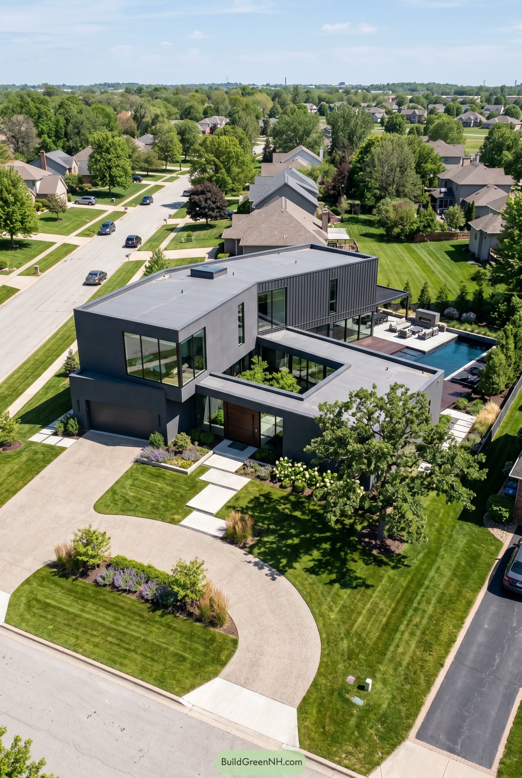 Aerial view of charcoal modern house with pool